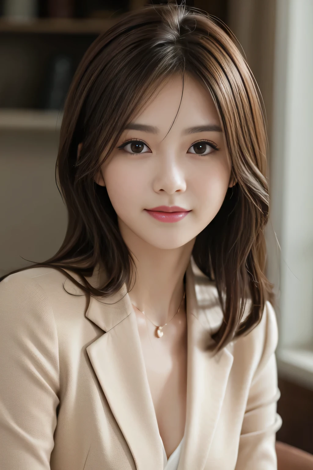 On the table, best qualtiy, realisticlying, ultra - detailed, Up to detail, hight resolution, 4k wallpaper, 1 beautiful woman,, light brown messy hair, Dressed in a suit, tack sharp focus, Perfect dynamic composition, beautiful and delicate eyes, Delicate hair, 细致realisticlying的皮肤纹理, Smiling, closeup portrait, Model body type