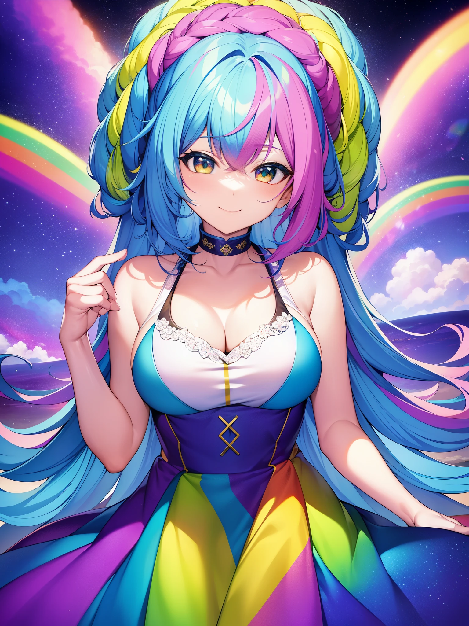 (masterpiece), best quality, high resolution, extremely detailed, detailed background, perfect lighting, (colorful, vivid color:1.4), 1girl, rainbow hair, cotton candy cloud, sky, smile