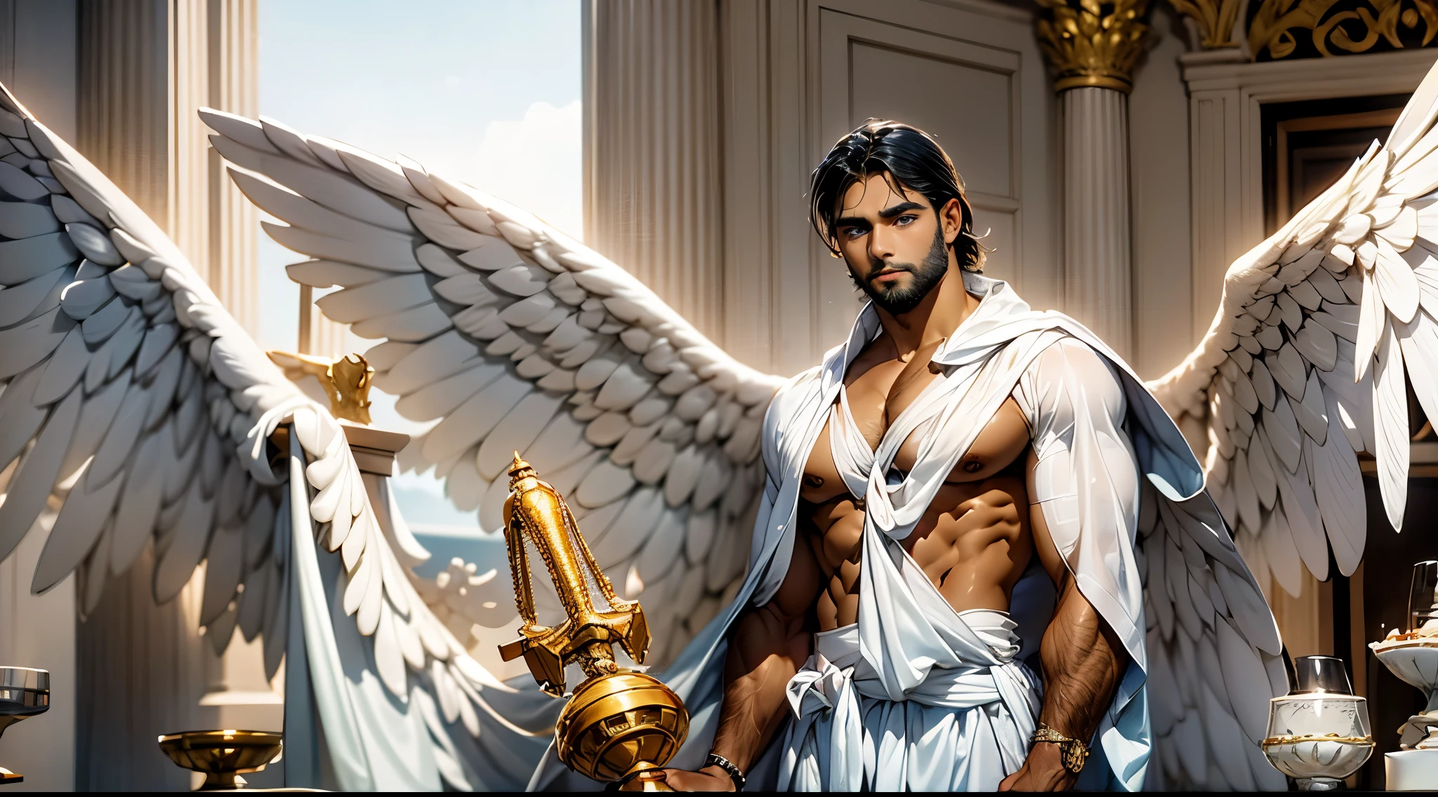 Daegan Tronos Character(1), handsome, dark skin, dark-tanned, perfect wings angel, symmetrical wings,blue eyes,small beard, medium-long haircut, shirtless, posing as a roman god, attractive, ancient greek body posture.