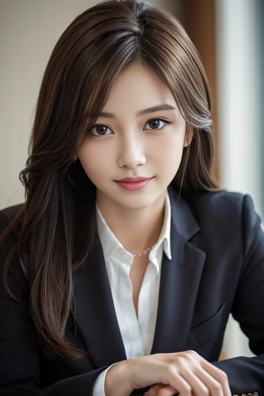 On the table, best qualtiy, realisticlying, ultra - detailed, Up to detail, hight resolution, 4k wallpaper, 1 beautiful woman,, light brown messy hair, Dressed in a suit, tack sharp focus, Perfect dynamic composition, beautiful and delicate eyes, Delicate hair, 细致realisticlying的皮肤纹理, Smiling, closeup portrait, Model body type