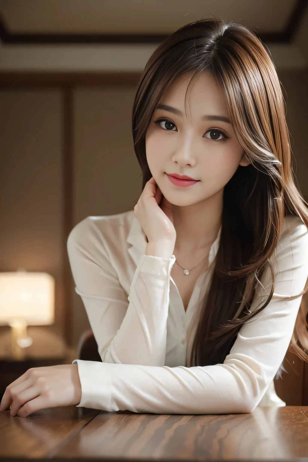 On the table, best qualtiy, realisticlying, ultra - detailed, Up to detail, hight resolution, 4k wallpaper, 1 beautiful woman,, light brown messy hair, Dressed in a suit, tack sharp focus, Perfect dynamic composition, beautiful and delicate eyes, Delicate hair, 细致realisticlying的皮肤纹理, Smiling, closeup portrait, Model body type