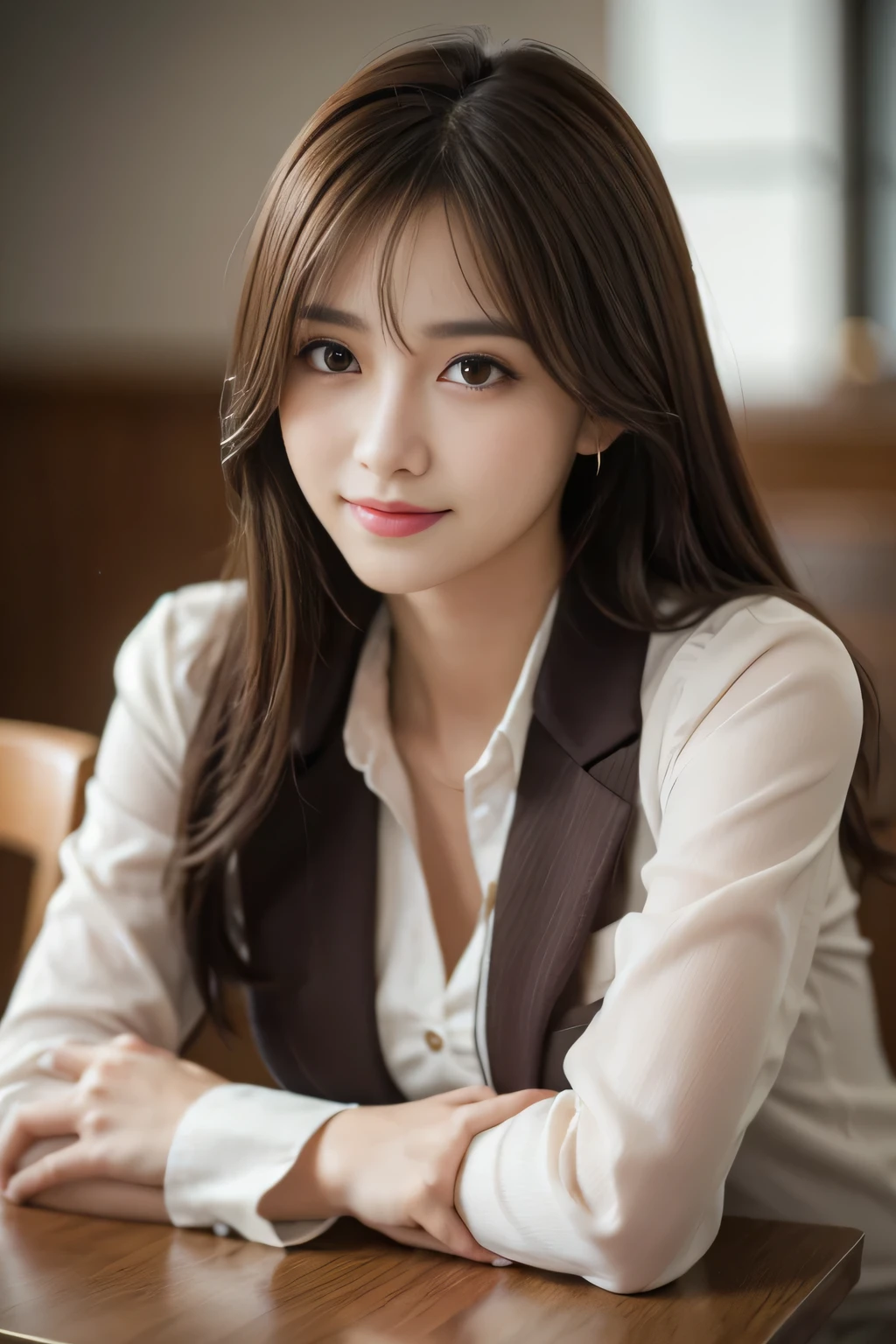 On the table, best qualtiy, realisticlying, ultra - detailed, Up to detail, hight resolution, 4k wallpaper, 1 beautiful woman,, light brown messy hair, Dressed in a suit, tack sharp focus, Perfect dynamic composition, beautiful and delicate eyes, Delicate hair, 细致realisticlying的皮肤纹理, Smiling, closeup portrait, Model body type