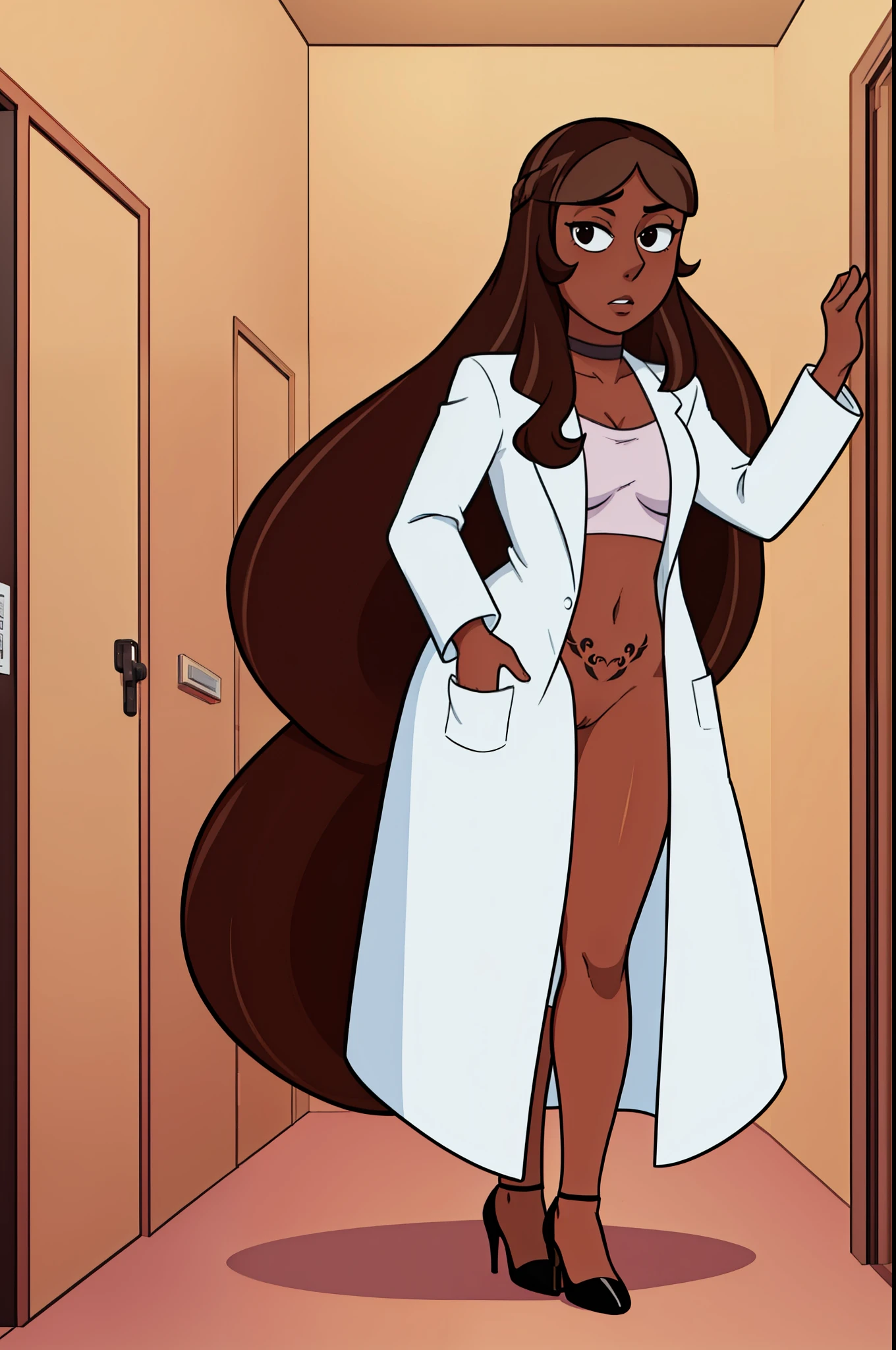 priyanka maheswaran, masterpiece, best quality, 1girl, solo, brown hair, long hair, dark skin, completely nude, vagina, breasts, wide hips, hospital hallway, open labcoat, choker, high heels, long sleeves, dark-skinned female, abdominal tattoo, full body, black eyes