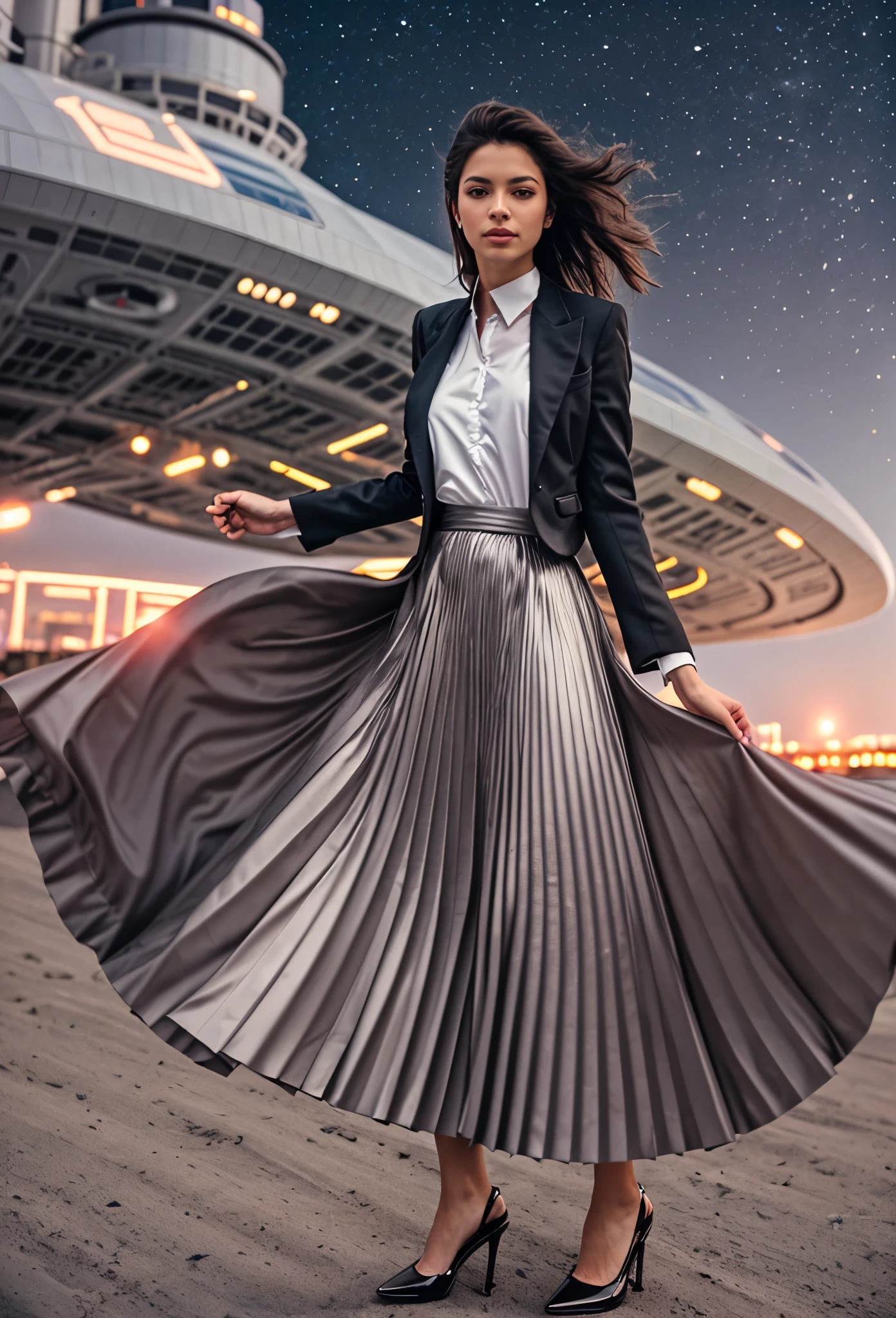 (shy:1,1) (authentic:1,5) smiling woman admiring her skirt on a space ship, wearing short blazer and very very detailed (long (fully pleated) full circle skirt) and (low heeled office shoes), very very intricate hyper-detailed symmetric (attractive graceful young feminine face) with (sad, tired eyes and a shy smile), large breasts, full of empathy and compassion and love, (pronounced (feminine) features), (highly detailed ultra accurate realistic) hands and fingers, (windy conditions and wind blowing), epic composition, highly detailed attributes, highly detailed space station background, (35mm f1.4 Kodak portra 400 photograph), extremely high quality RAW photograph,