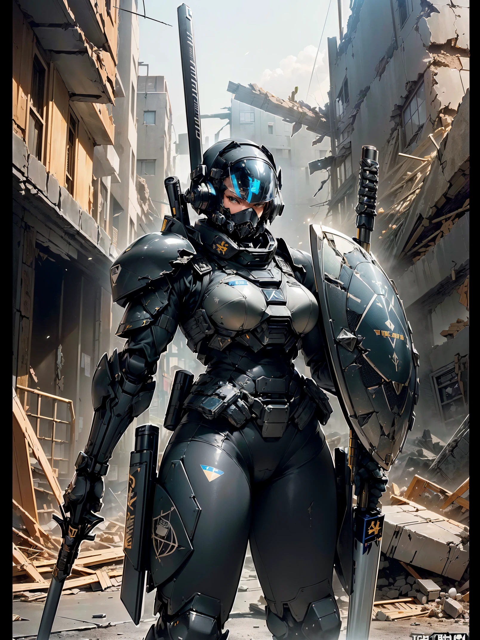 (masterpiece,extremely detailed, a heavy mech, hard surface),(concept art:1.3),(Armored Core Style:1.0),(Woman wearing robot armor of SWAT team),(((Holds a long baton and shield:1.4))),(((Black body:1.5))),(The armor has the SWAT logo on it.:1.4),(tactical open face helmet:1.3),(A detailed eye:1.3),(A detailed face:1.3),(Detailed weapons:1.3),(Detailed body:1.3),(full bodyesbian:1.5),(The background is a collapsed city:1.5),逼真