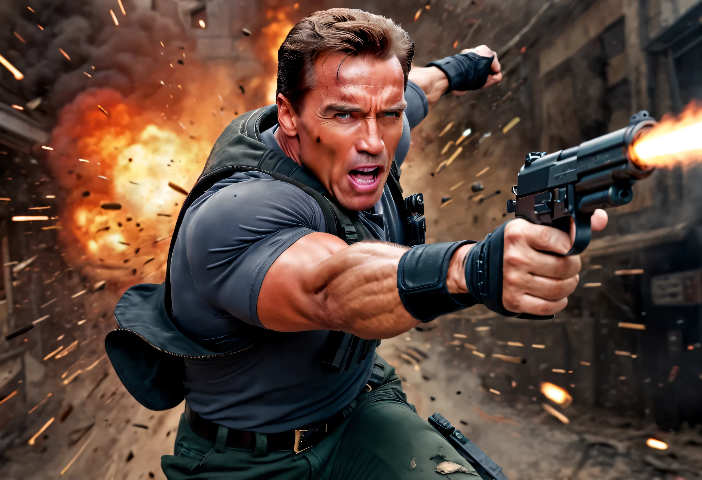 (best quality,4k,8k,highres,masterpiece:1.2),ultra-detailed,realistic:1.37,arnold schwarzenegger,brutal,vivid colors,sharp focus,machine gun in hand,shooting,burst fire,empty casings popped away,explosions on background,dramatic lighting,strong shadows,physically-based rendering,metallic sheen,powerful muscles,glistening sweat,action hero expression,determined eyes,gritty background,smoke-filled air,action-packed scene,high-contrast,high-energy,BOOMING sound effects,loud explosions,bullet sparks,powerful impact,