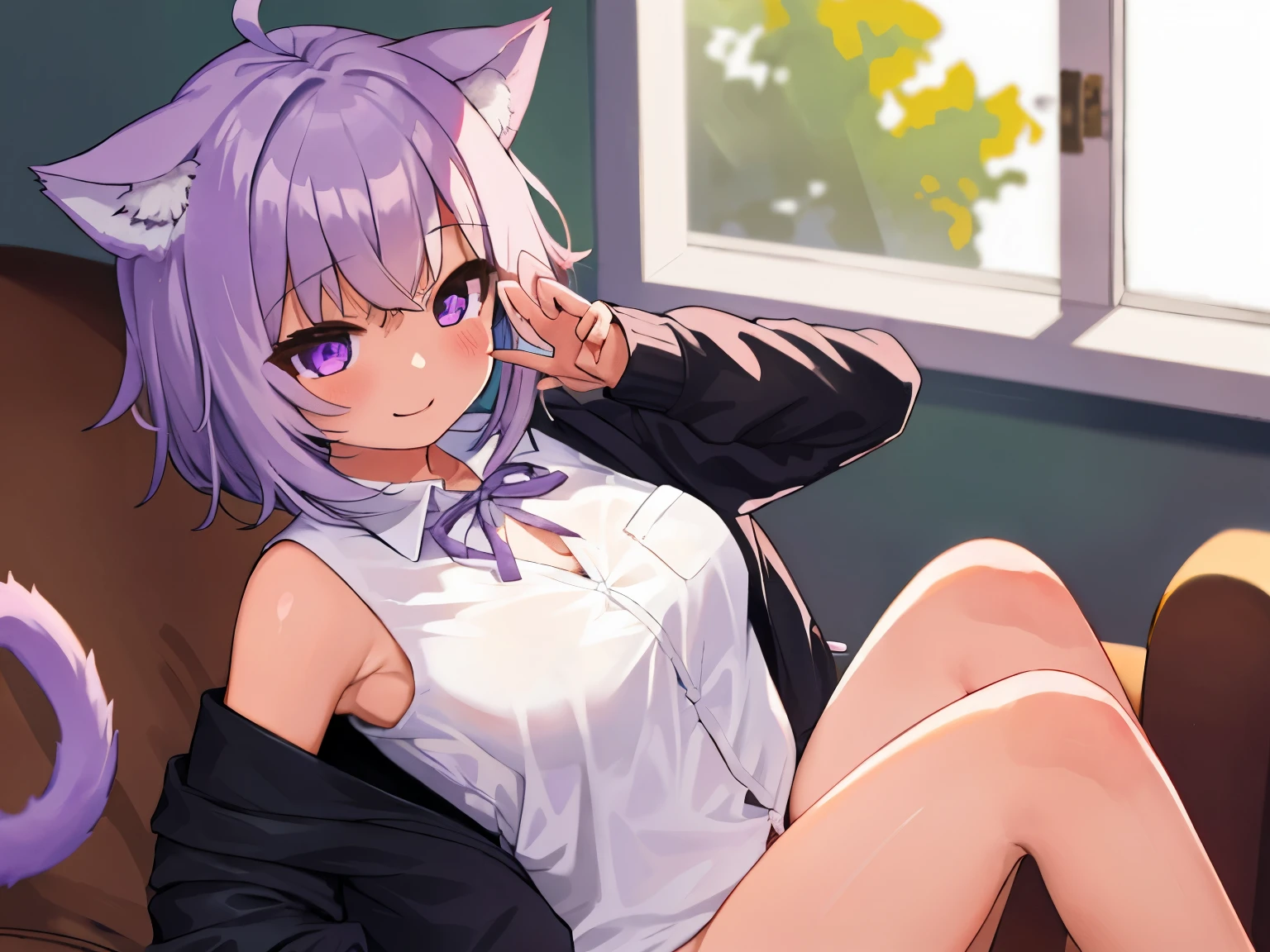 okayucasual, dress shirt, purple ribbon, naked shirt, open cardigan, cat tail, ahoge, sitting, armpits peek, smile, 1girl, green sky