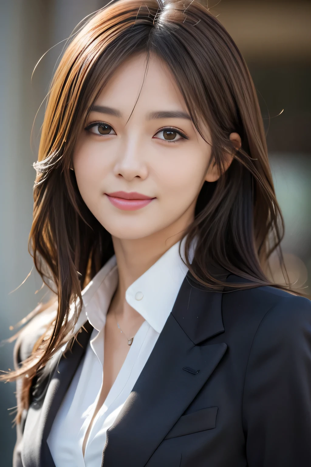 masutepiece, Best Quality, Photorealistic, Ultra-detailed, finely detail, High resolution, 8K Wallpaper, 1 beautiful woman,, light brown messy hair, in a business suit, foco nítido, Perfect dynamic composition, Beautiful detailed eyes, detailed hairs, Detailed realistic skin texture, Smiling, Close-up portrait, Model body type
