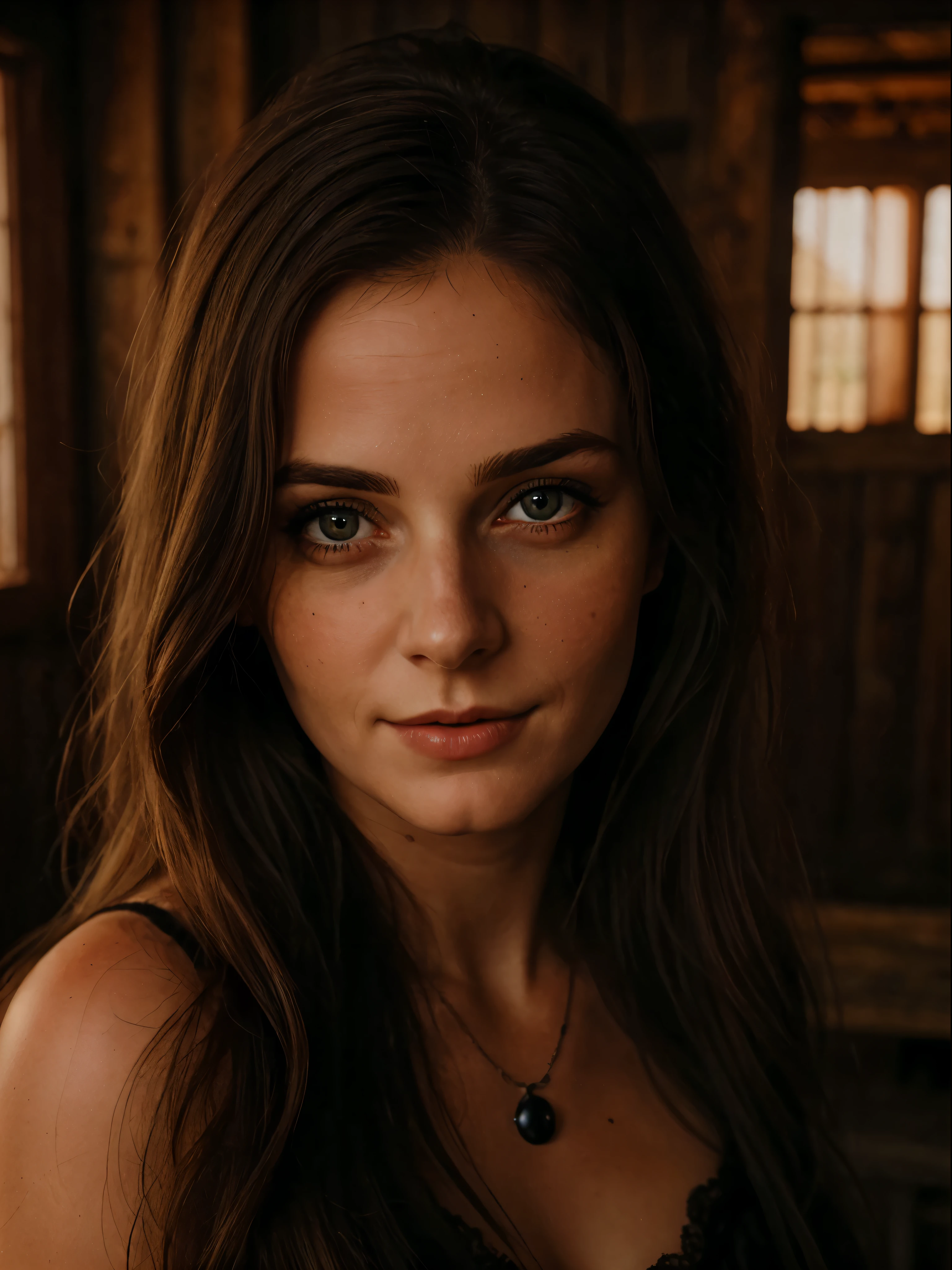 (Realistic:1.5), RAW photo, Masterpiece, witchy, cute and sexy woman with orange eyes, she has a black cat, (detailed mysterious background of an old wooden house), Dark atmosphere, soft natural lighting, Faded colors, Cinematic.