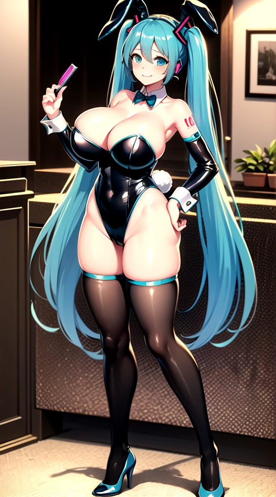 ((Hatsune Miku)), sexy outfit, twintails, high-leg leotard, high heels, ((bunny girl)), (huge breasts), black stocking, ((rabbit ear hair ornaments)), Scalpel face, sexy pose, in room, high quality, high resolution, anime style