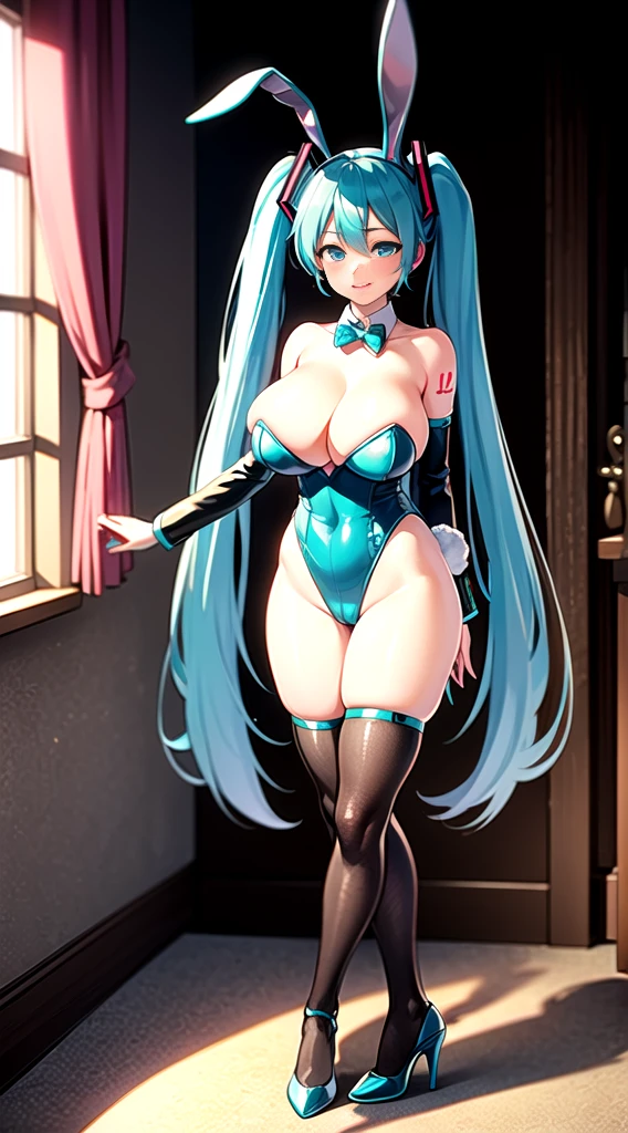 ((Hatsune Miku)), sexy outfit, twintails, high-leg leotard, high heels, ((bunny girl)), (huge breasts), black stocking, ((rabbit ear hair ornaments)), Scalpel face, sexy pose, in room, high quality, high resolution, anime style