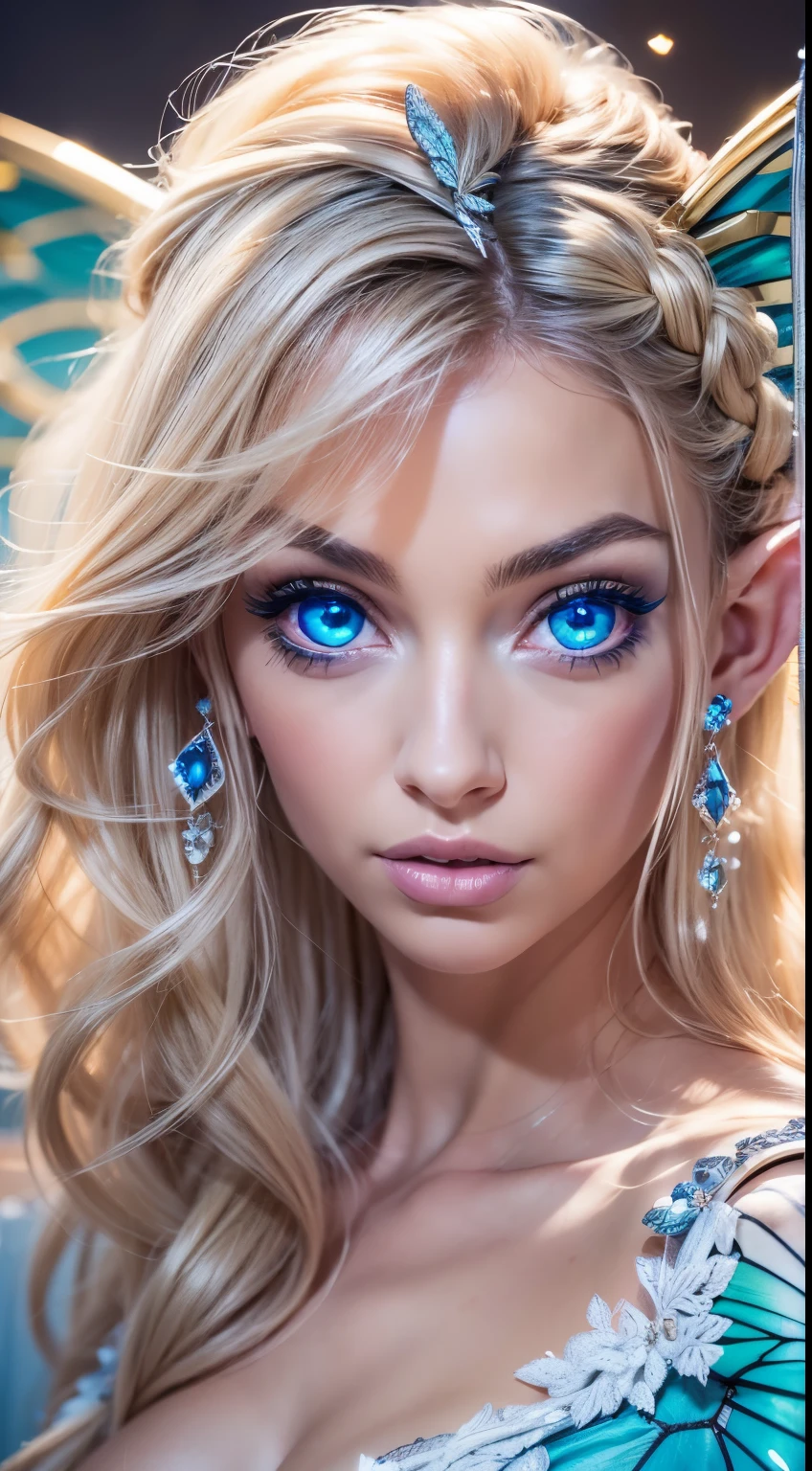 Beautiful, Amazing face and eyes, makeup, (extremely detailed beautiful face), Blonde, (sexiest look), (Beautiful breasts:1.3), (Best Quality:1.4), (Ultra-detailed), (extremely detailed CG unified 8k wallpaper), Highly detailed, RAW Photos, Professional Photography, (silk see through lace:1.3), full body, sitting, (Spread your legs), (:1.4), plein air, Illumination, (Super fancy photos:1.4), (Dazzling light), Radiant Photography, depth of fields, (Glowing blue eyes), (realistic elf ear), (castle, fantasy setting), ((orbs)), massive butterfly wings,