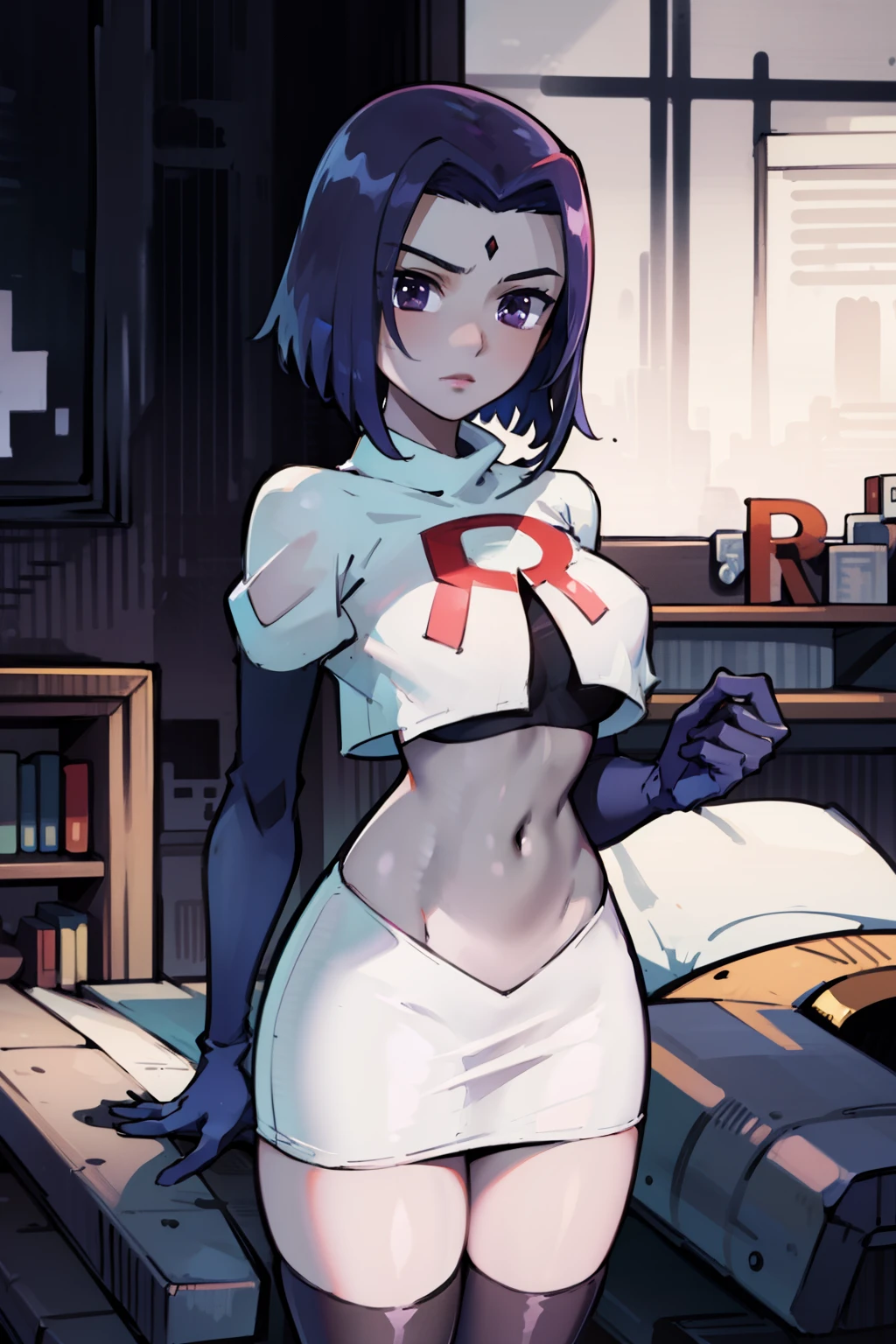(masterpiece, best quality, ultra-detailed), RavenTT, short hair, purple eyes, (grey skin),team rocket,team rocket uniform, red letter R, white skirt,white crop top,black thigh-highs,black elbow gloves