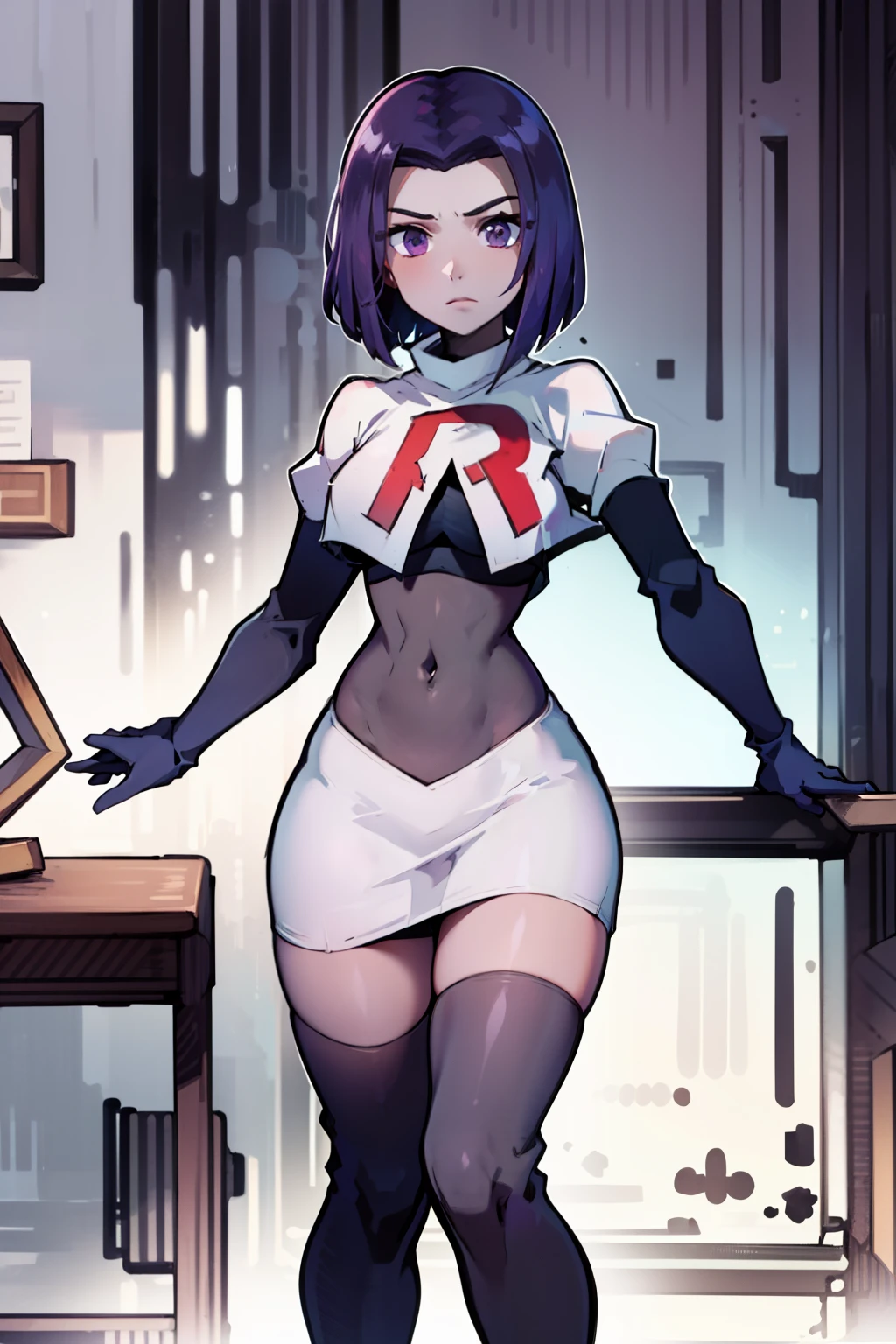 (masterpiece, best quality, ultra-detailed), RavenTT, short hair, purple eyes, (grey skin),team rocket,team rocket uniform, red letter R, white skirt,white crop top,black thigh-highs,black elbow gloves