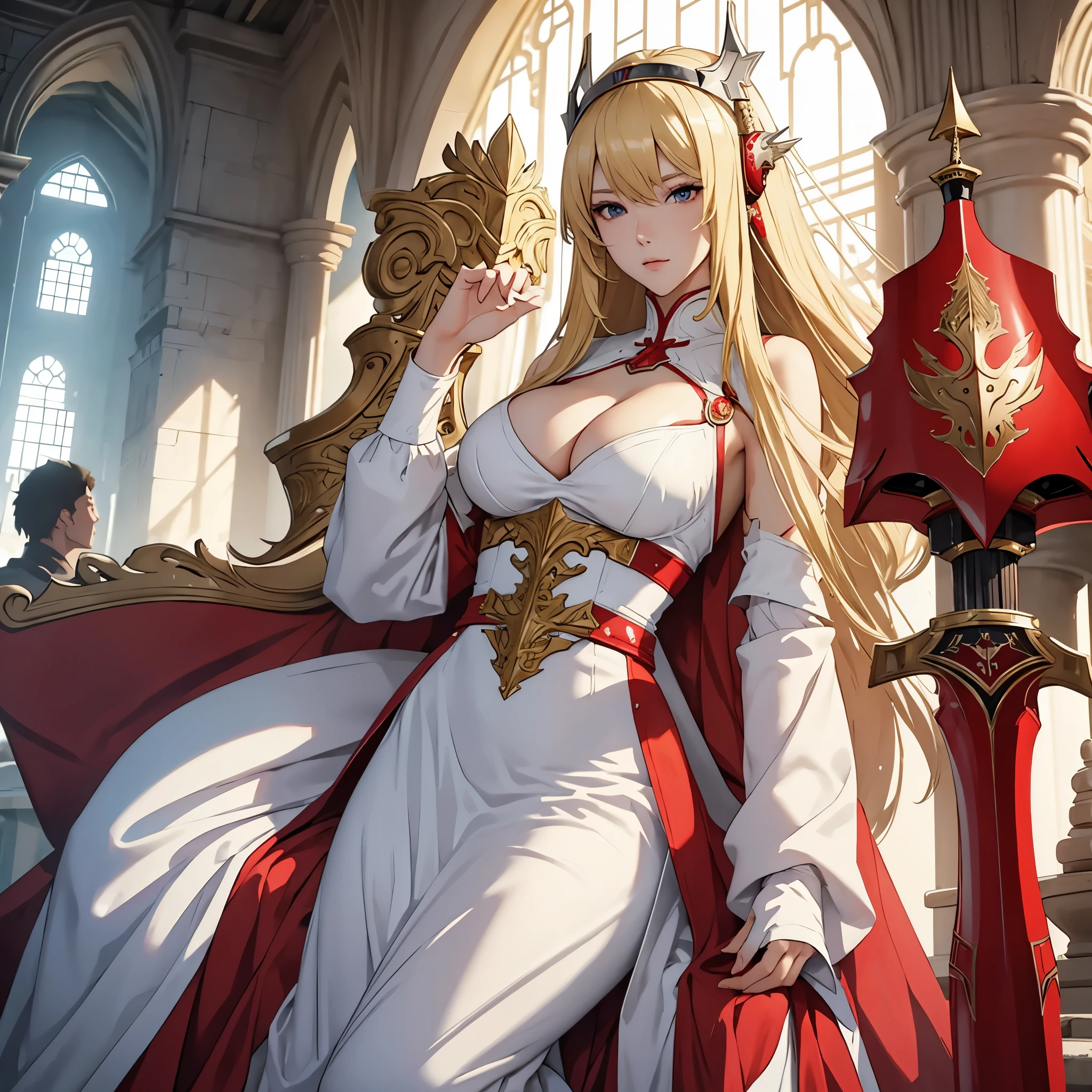 Masterpiece, best quality, White headphone, blonde, Korean woman, tall, slender, Female Knight, red gauntlet, red boots, Sword, beautiful face, beautiful hand, anime pastel, cleavage, Castle, wide-angle