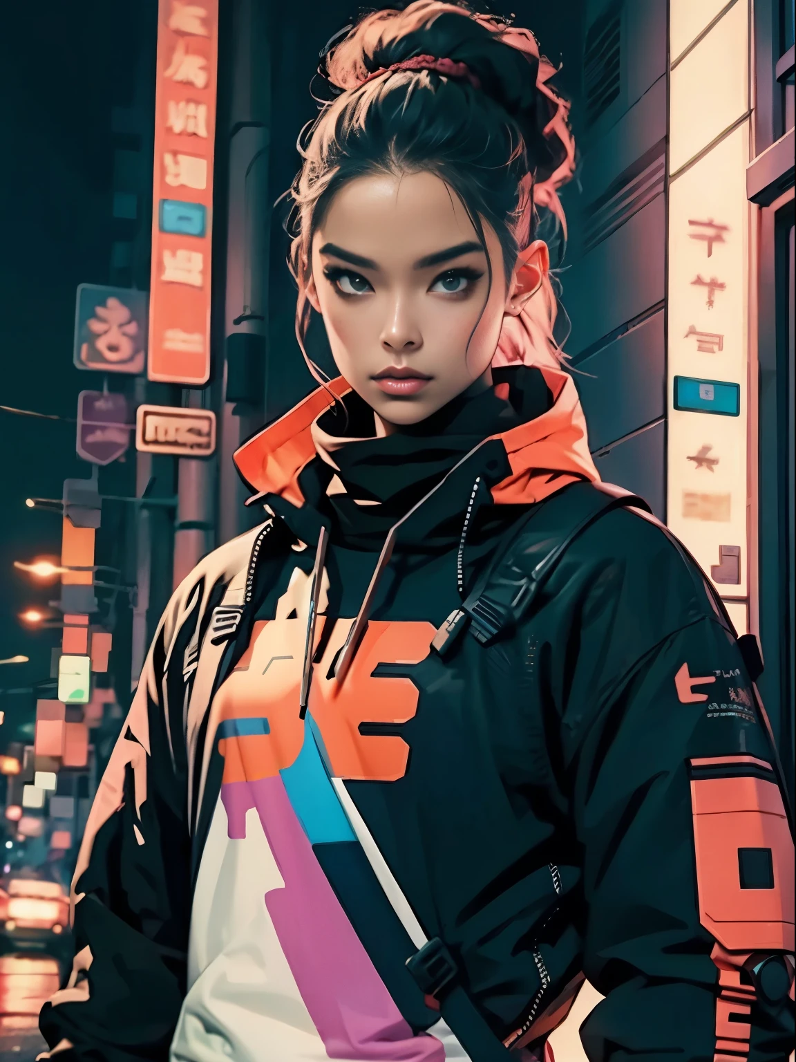 character design, cyberpunk style, 2 persons, 1 girl, layka face, fair skin, 1 guy, malay, brown skin, muscular, cyberpunk design of a marvelous new fashion neon rbg vibrant colors render,