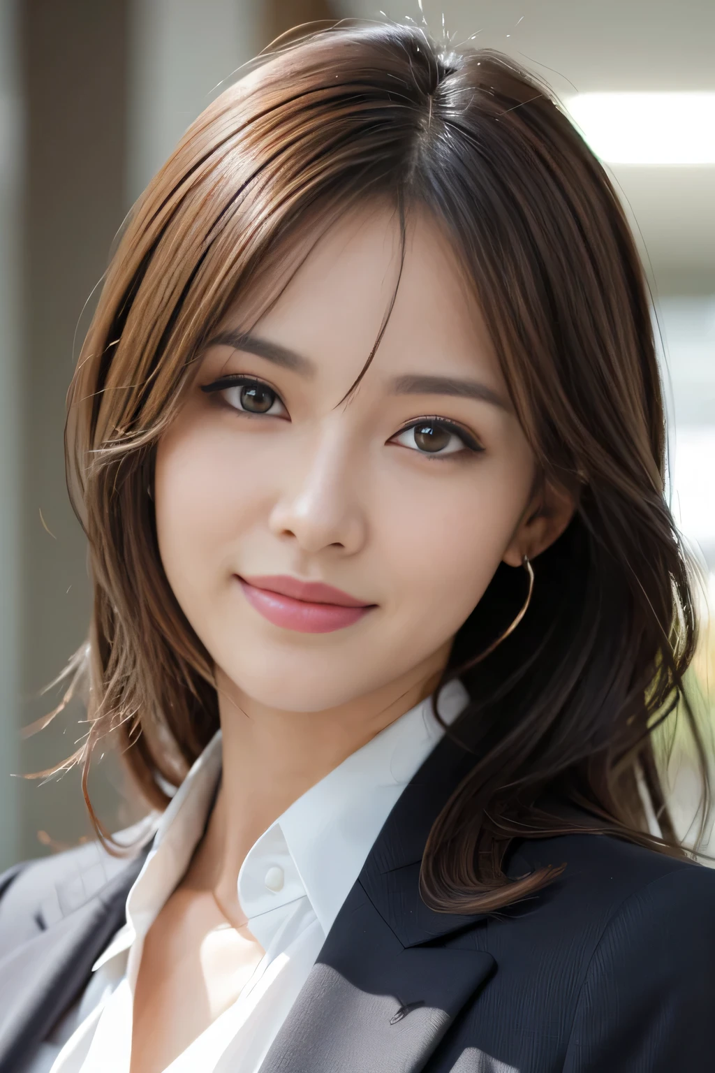 masutepiece, Best Quality, Photorealistic, Ultra-detailed, finely detail, High resolution, 8K Wallpaper, 1 beautiful woman,, light brown messy hair, in a business suit, foco nítido, Perfect dynamic composition, Beautiful detailed eyes, detailed hairs, Detailed realistic skin texture, Smiling, Close-up portrait, Model body type