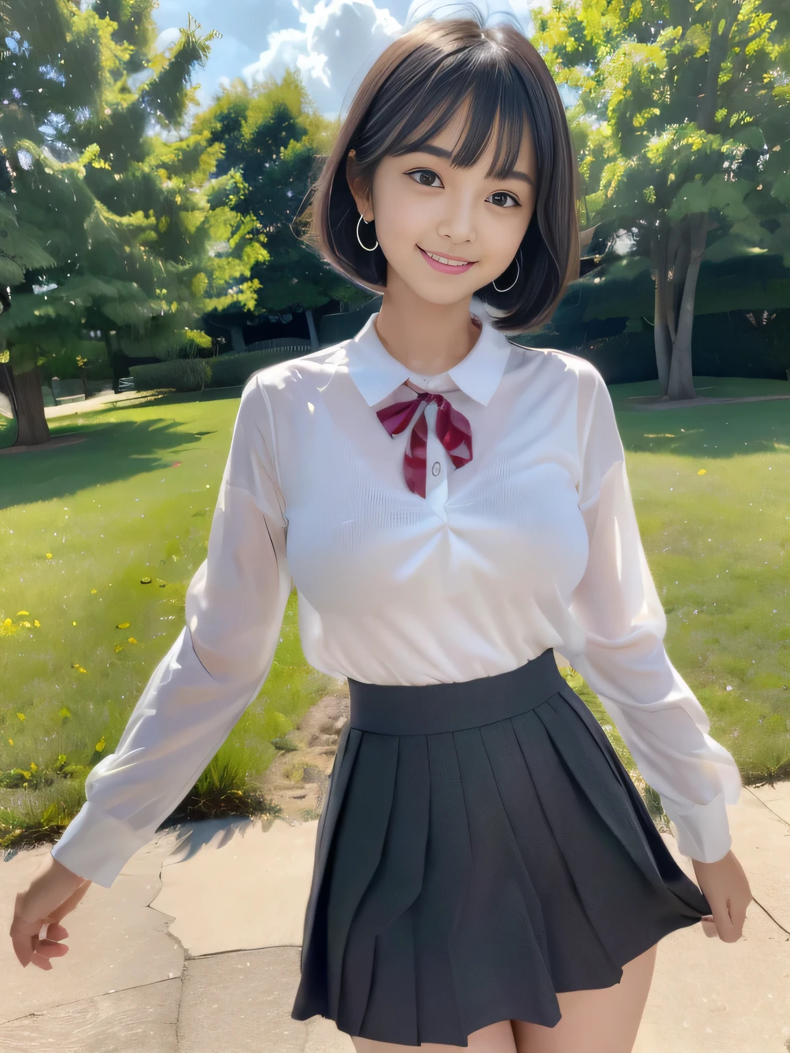 (surrealism, Raw photo, NIKON, 8K, Super Detail, masutepiece, high details, Intricate details, Super Detailed, Realistic lighting), 
(Anatomically correct, Highly accurate human body, Highly detailed face, Realistic skin, realistic depiction of characters), 
(16 years old, Japanese younger sister, Japanese high school  girl, slim waist and busty body, Baby face, Sister girl, Affectionate and cute, Cute Girl, Surreal Girl), 
(Round face, Black hair, Short bob cut, see-through bangs, Lowered eyebrows毛, Troubled eyebrows, Lowered eyebrows, Moist eyes, one small earring, Light blush), 
(twist your hips and dance, Dance with your skirt fluttering:1.5), 
(Elegant smile, Lovely smile), 
(Maxi Long Skirt, Long sleeve shirt), 

Natural lighting, full length, Whole body