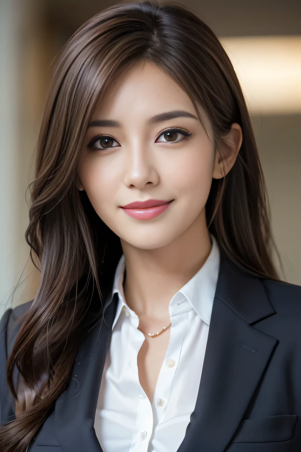 masutepiece, Best Quality, Photorealistic, Ultra-detailed, finely detail, High resolution, 8K Wallpaper, 1 beautiful woman,, light brown messy hair, in a business suit, foco nítido, Perfect dynamic composition, Beautiful detailed eyes, detailed hairs, Detailed realistic skin texture, Smiling, Close-up portrait, Model body type