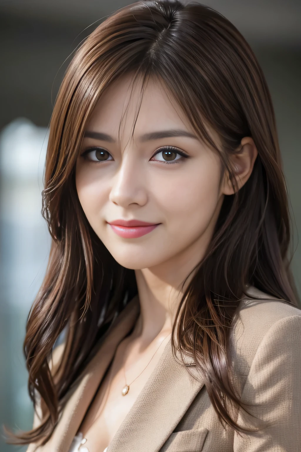 masutepiece, Best Quality, Photorealistic, Ultra-detailed, finely detail, High resolution, 8K Wallpaper, 1 beautiful woman,, light brown messy hair, in a business suit, foco nítido, Perfect dynamic composition, Beautiful detailed eyes, detailed hairs, Detailed realistic skin texture, Smiling, Close-up portrait, Model body type