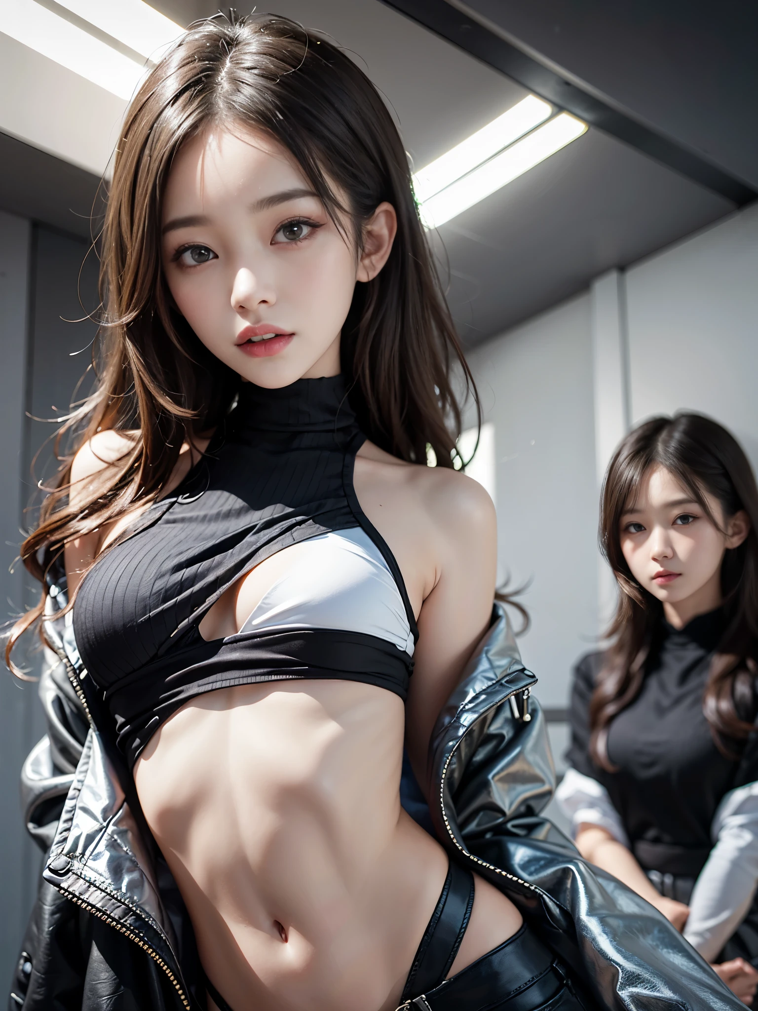 masterpiece, 1 beautiful girls, detailedeyes, slender and beautiful eyes, top-quality, Super high resolution, (Realistis: 1.4), OriginalPhotographs, 1girl in, Cinematographic lighting, Asian Beauty, Korean, very extremely beautiful, Beautiful skins, Thin, Front-facing body, (A hyper-realistic), (hight resolution), (8 K), (ighly detailed), (Beautifully detailed eyes with the best illustrations), (ultra-detailliert), A detailed face, looking at the viewers, Facing straight ahead, Neat CloThing, Sleeveless、shorth hair、A dark-haired、46 point slanted bangs、white backgrounid、Tidy room、Faces are detailed and realistic, Delicate like a real photo.,great masterpiece,Super high resolutionの高品質の,Make sure there is no significant difference between the right and left eye.,Korea person,beautiful korean dancer,K-POP star idol,Beautiful eyes,Very small bust, slender, skinny,Clothes that are so Thin that the body and top of the bust are visible,no-bra,No panties,Not wearing any underwear,age is teenager,Main vocals,Rehearsal scene,KPOP dancer,kim chaewon in group le sserafim,Beautiful and cute,