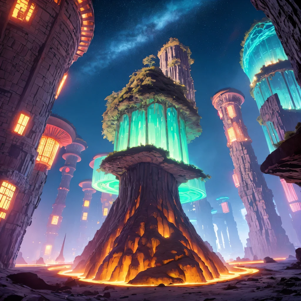 Alien Hexagonal Base (very detailed nipples) In a hexagonal mountain oasis,There are several hexagonal exhaust fans and chimneys, some neon lights projecting from the base,Light up the dark night), There are some clouds in the night sky, Some surrounding planets provide air to unknown planets,The most remote giant hexagonal volcano erupts,the rainforest