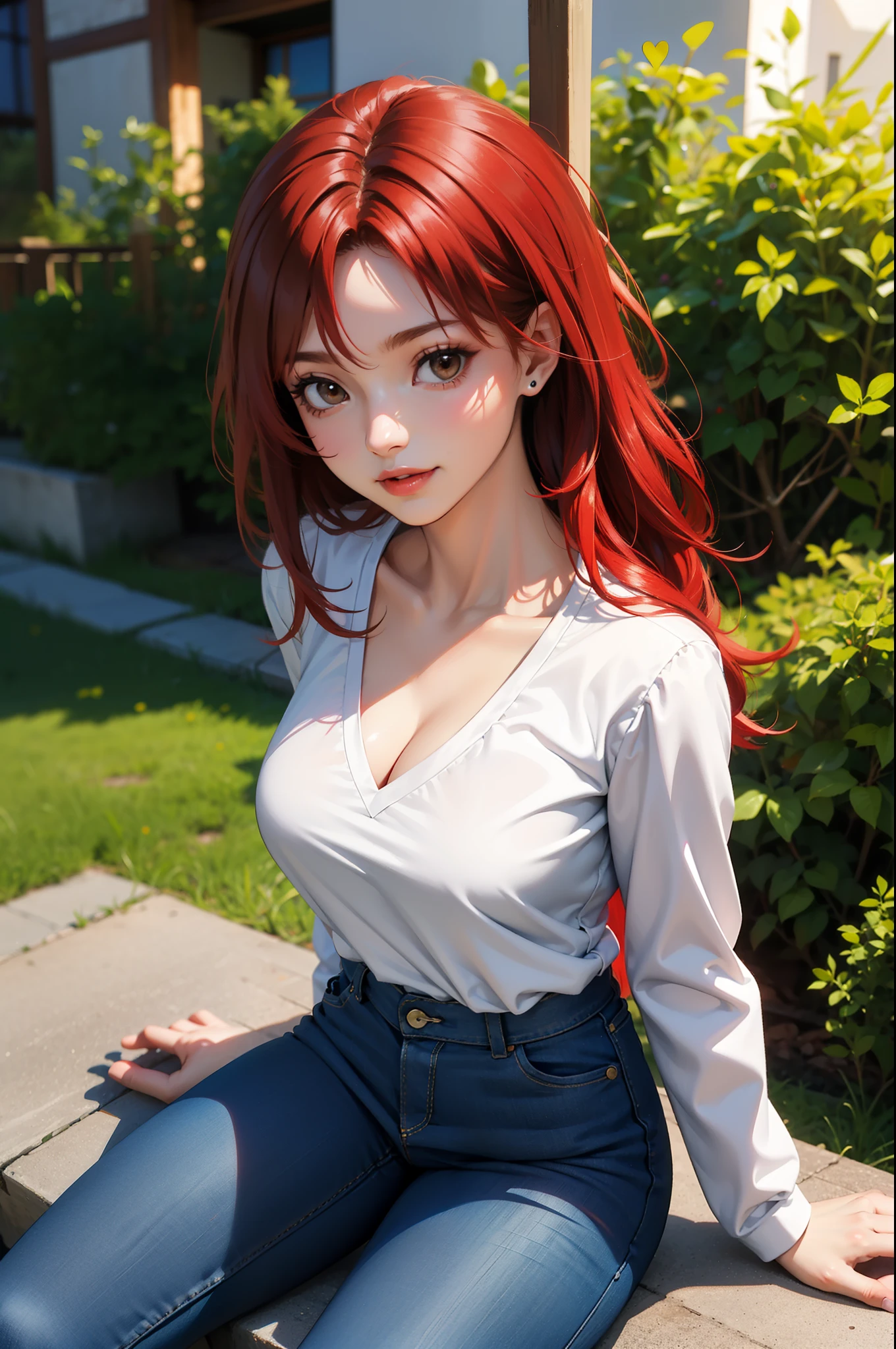 (masterpiece), best quality, expressive eyes, perfect face, highres, 1 girl, solo, shirou emiya girl, (red hair:1.5) (female body:1.3), medium hair, (brown eyes:1.5), (female body:1.3), blue pants, collarbone, pants, shirt, long sleeves, white shirt, oversized shirt, raglan sleeves, garden, landscape background, depth of filed, hands to hip, smiling sitting, portrait, looking at the viewer, from above, good ilumination, cinematografic light