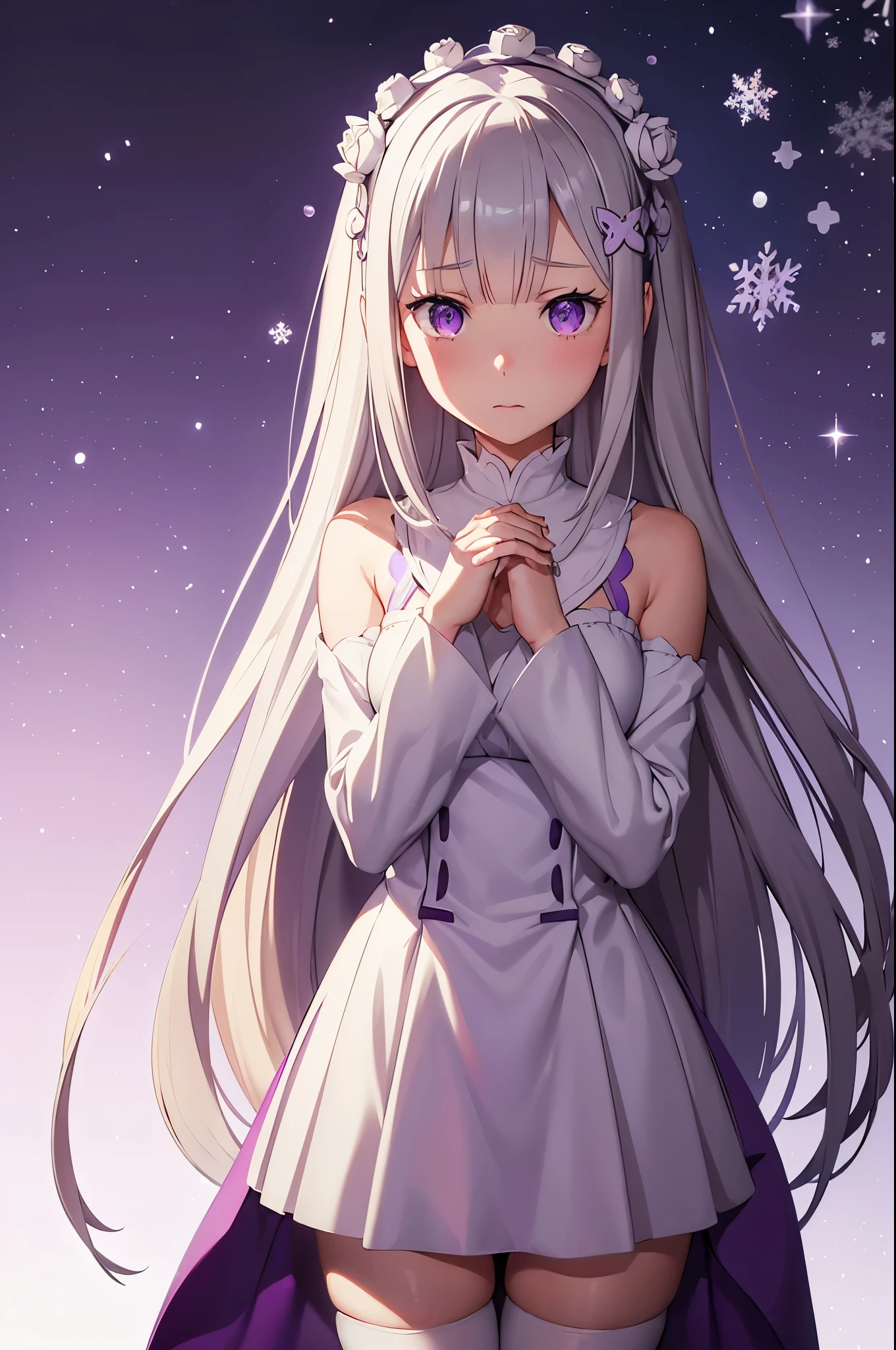 re:zero, emilia, gray hair, hair flower, masterpiece, amazing, 8k, detailed, 1girl, (blured background), ((wallpaper)), purple eyes, white tights, prays, cute, wallpaper, falling snowflakes, dark background, prays