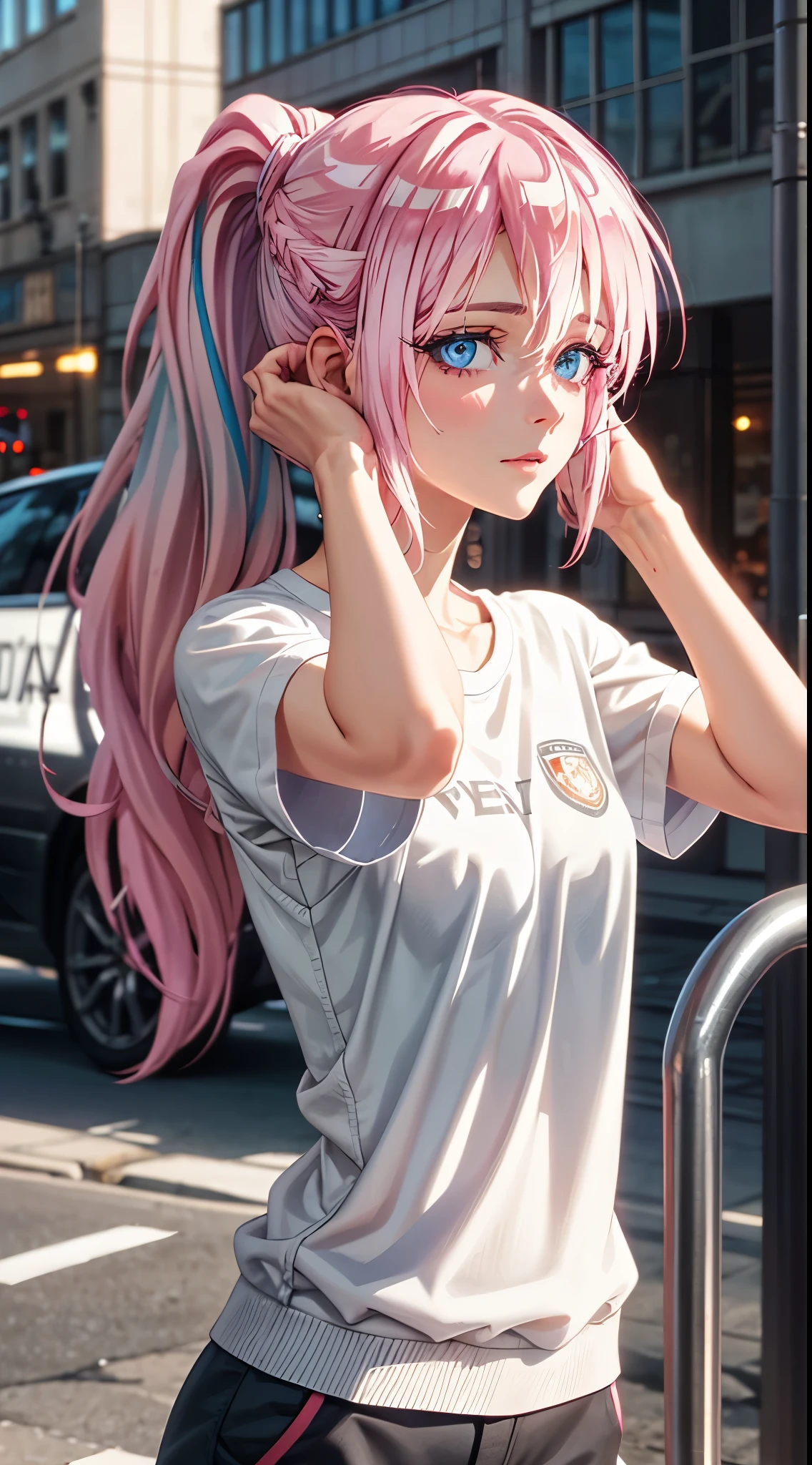 1girl, Shikimori, ribbon, gym uniform, t-shirt, short sleeves ,parody, upper body, pink hair, long hair, high ponytail looking at viewer, highly detailed background, (photo realistic:1.2), detailed eyes, red eyeshadow, depth of field, symmetry eyes, (ulzzang-6500:0.7), upper body, (solo:1.2), (cyberpunk city:1.1), ((young female)), perfect face, beautiful face, colorful, beautiful blue eyes, sexy blush expressions, arms up, raise bangs, hands on own head, hands in hair, forehead, collarbone, style parody, good hand,4k, high-res, masterpiece, best quality, head:1.3,((Hasselblad photography)), finely detailed skin, sharp focus, (cinematic lighting), night, soft lighting, dynamic angle, [:(detailed face:1.2):0.2],(((city background))),