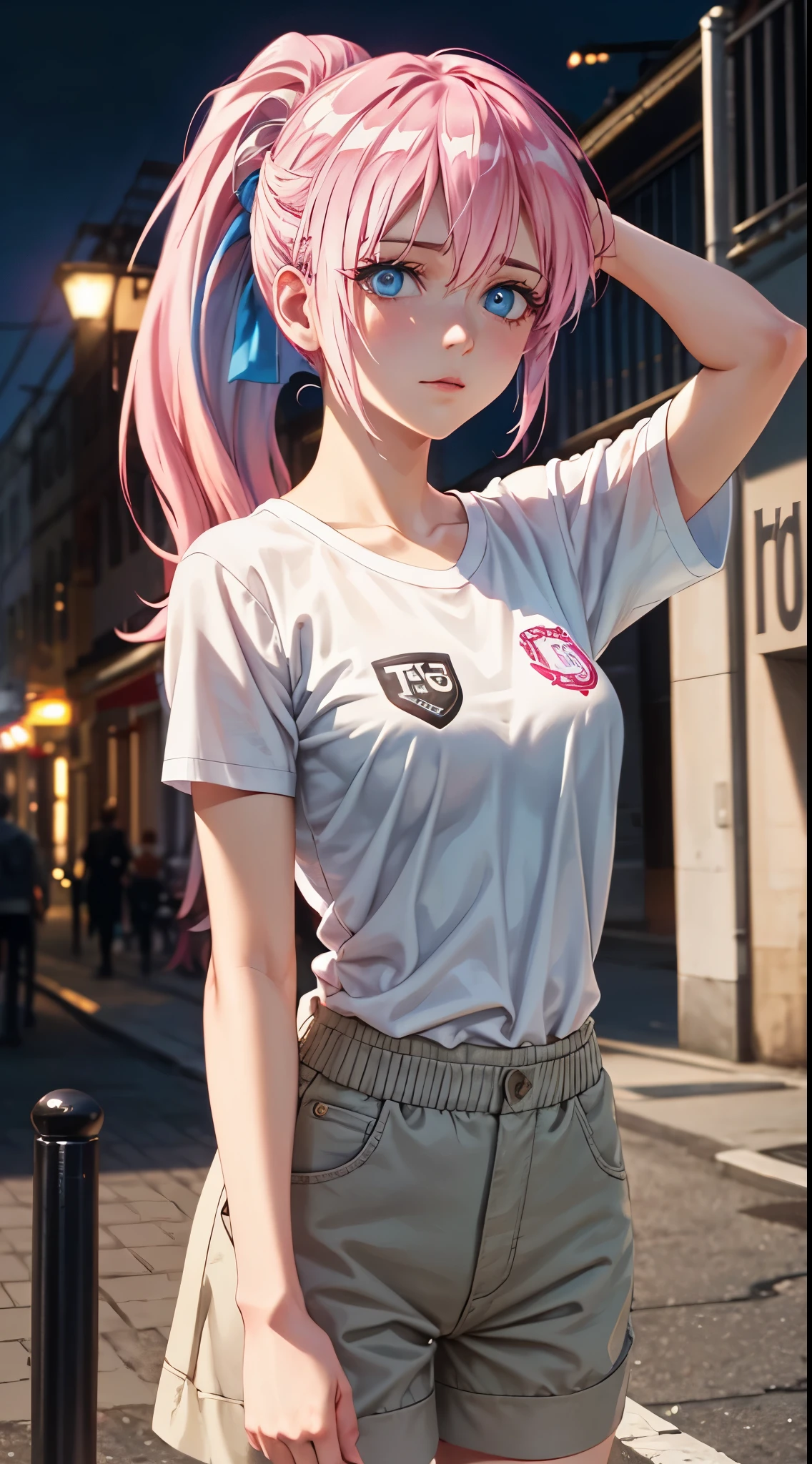 1girl, Shikimori, ribbon, gym uniform, t-shirt, short sleeves ,parody, upper body, pink hair, long hair, high ponytail looking at viewer, highly detailed background, (photo realistic:1.2), detailed eyes, red eyeshadow, depth of field, symmetry eyes, (ulzzang-6500:0.7), upper body, (solo:1.2), (cyberpunk city:1.1), ((young female)), perfect face, beautiful face, colorful, beautiful blue eyes, sexy blush expressions, arms up, raise bangs, hands on own head, hands in hair, forehead, collarbone, style parody, good hand,4k, high-res, masterpiece, best quality, head:1.3,((Hasselblad photography)), finely detailed skin, sharp focus, (cinematic lighting), night, soft lighting, dynamic angle, [:(detailed face:1.2):0.2],(((city background))),