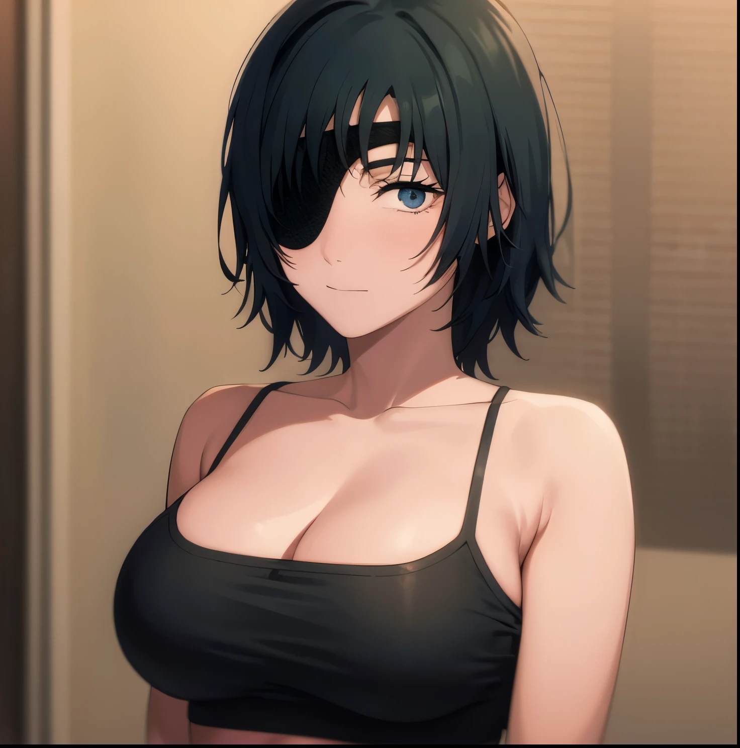 masterpiece, best quality,1girl, alone,eyepatch, himeno (chainsaw man), solo, cigarette, tank top, breasts, smoking, black hair, short hair, simple background, medium breasts, cleavage, white tank top, collarbone, upper body, shirt, green background, white shirt, bare shoulders