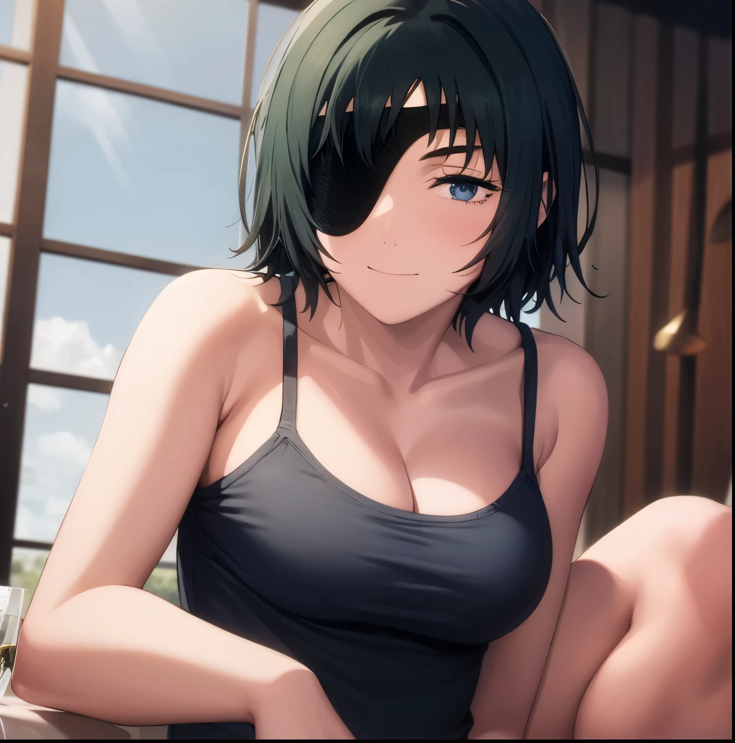 masterpiece, best quality,1girl, alone,eyepatch, himeno (chainsaw man), solo, cigarette, tank top, breasts, smoking, black hair, short hair, simple background, medium breasts, cleavage, white tank top, collarbone, upper body, shirt, green background, white shirt, bare shoulders