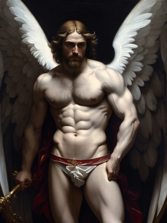 full body, (((renaissance style))) fresco, Highest accuracy,Muscular man with large white wings,Stand on the side,Shirtless,There are white streamers on the body,Lower body erection,Lower body details,Thick pubic hair,Handsome face,Short white hair,There is a faint aura on the top of the head,The background is a mythical city, Landscape,Angel ((white briefs, big bulge))), chiaroscuro mood, incredible detail, highly detailed, ultra-deta, style of Raphael and Daniel Gerhartz