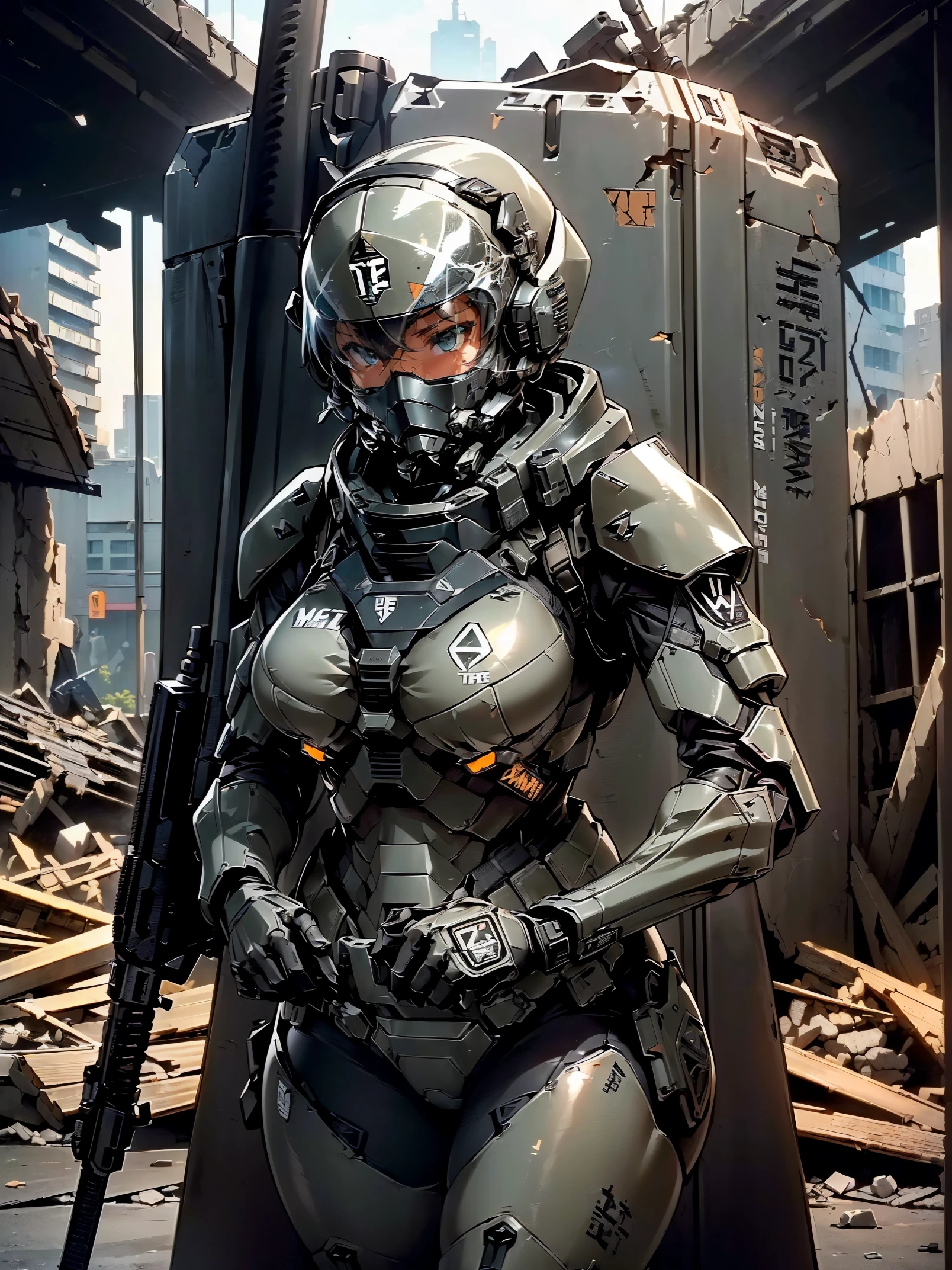 ( masterpiece, 8k ) Dark skin, woman in military clothes, real hair, cybernetic arms, next to an armored vehicle