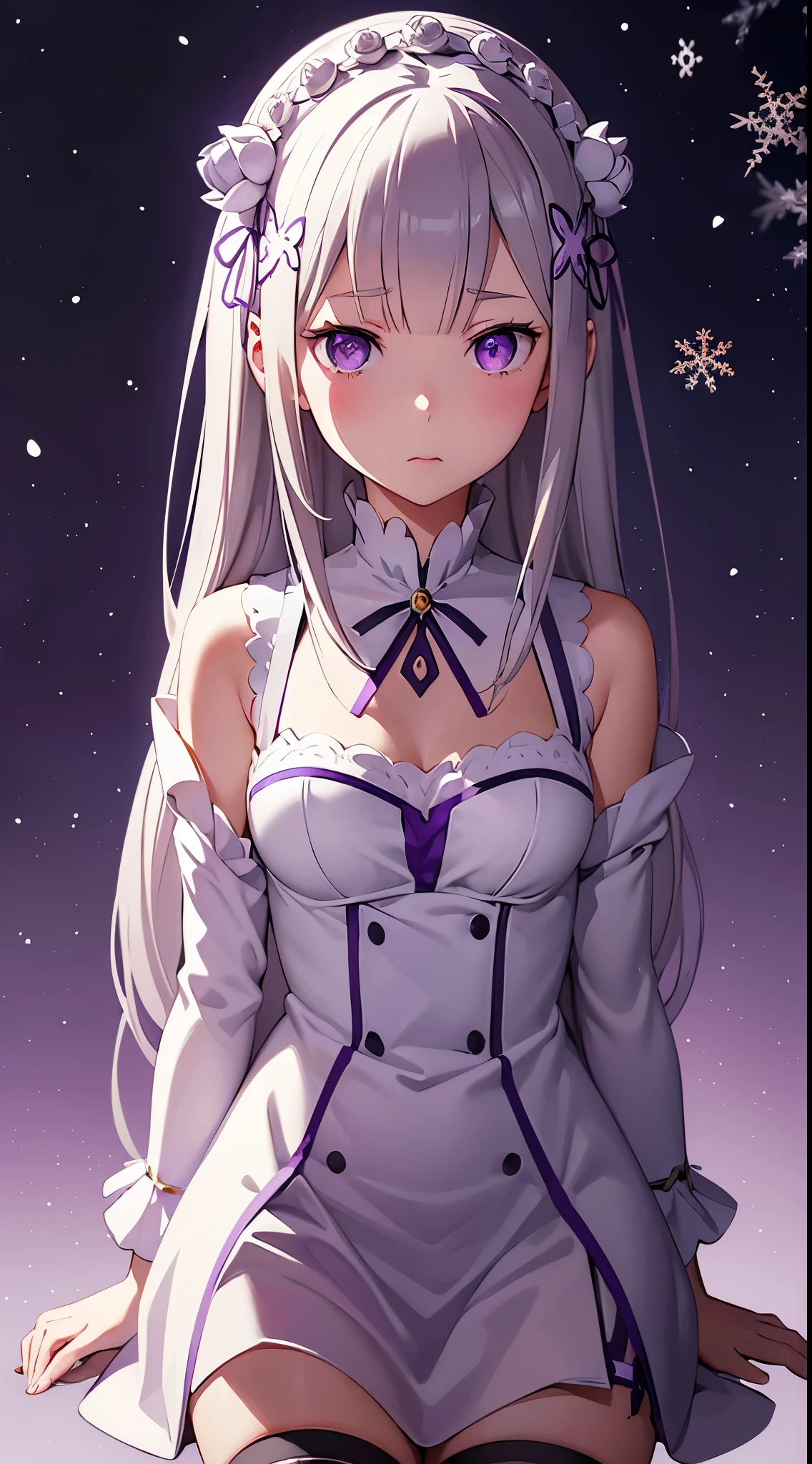 re:zero, emilia, gray hair, hair flower, masterpiece, amazing, 8k, detailed, 1girl, (blured background), ((wallpaper)), purple eyes, white tights, prays, cute, wallpaper, falling snowflakes, dark background, prays