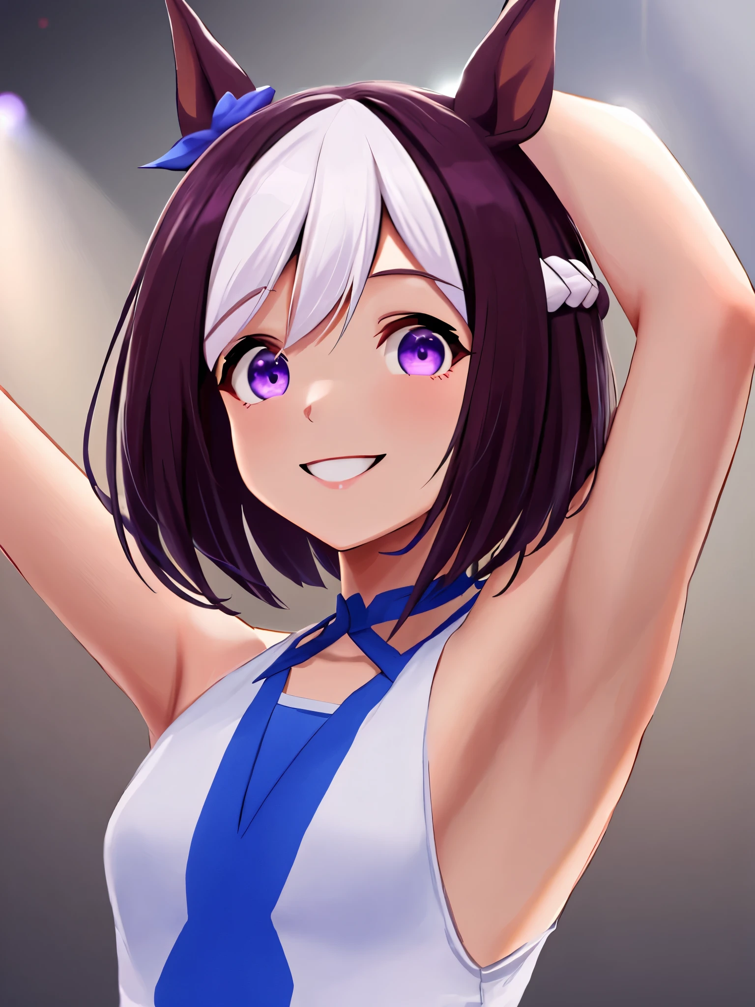 Armpit show,special week \(Umamusume\), (Ultra-detailed face), masutepiece, top-quality, Upper body, Smile, On stage, Dress, Horse tail