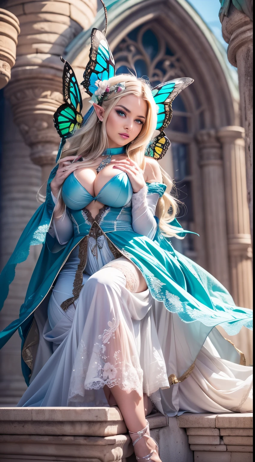Beautiful, Amazing face and eyes, makeup, (extremely detailed beautiful face), Blonde, (sexiest look), (Beautiful breasts:1.3), (Best Quality:1.4), (Ultra-detailed), (extremely detailed CG unified 8k wallpaper), Highly detailed, RAW Photos, Professional Photography, (silk see through lace:1.3), full body, sitting, (Spread your legs), (:1.4), plein air, Illumination, (Super fancy photos:1.4), (Dazzling light), Radiant Photography, depth of fields, (Glowing blue eyes), (realistic elf ear), (castle, fantasy setting), ((orbs)), massive butterfly wings,