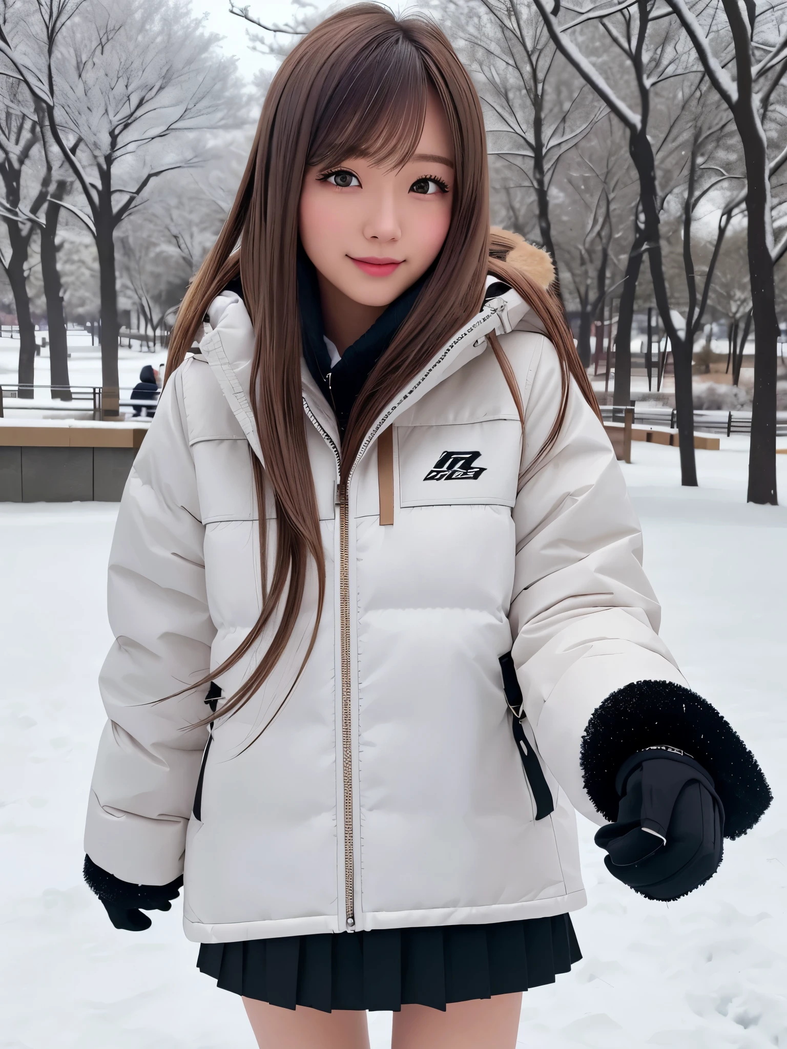 product quality, 1 girl, cowboy shot, front view, a Japanese young pretty girl, long bob hair, snow falling, playing with snow in a big park with a big smile in the city, white down parka over a black sweater, black miniskirt, knit gloves, hyper cute face, glossy lips, double eyelids for both eyes, natural makeup, shiny smooth light brown hair of long bob hair, asymmetrical bangs, high resolution, high detail, detailed hairstyle, detailed face, cinematic lighting, octane rendering, hyper realistic, perfect limbs, perfect anatomy