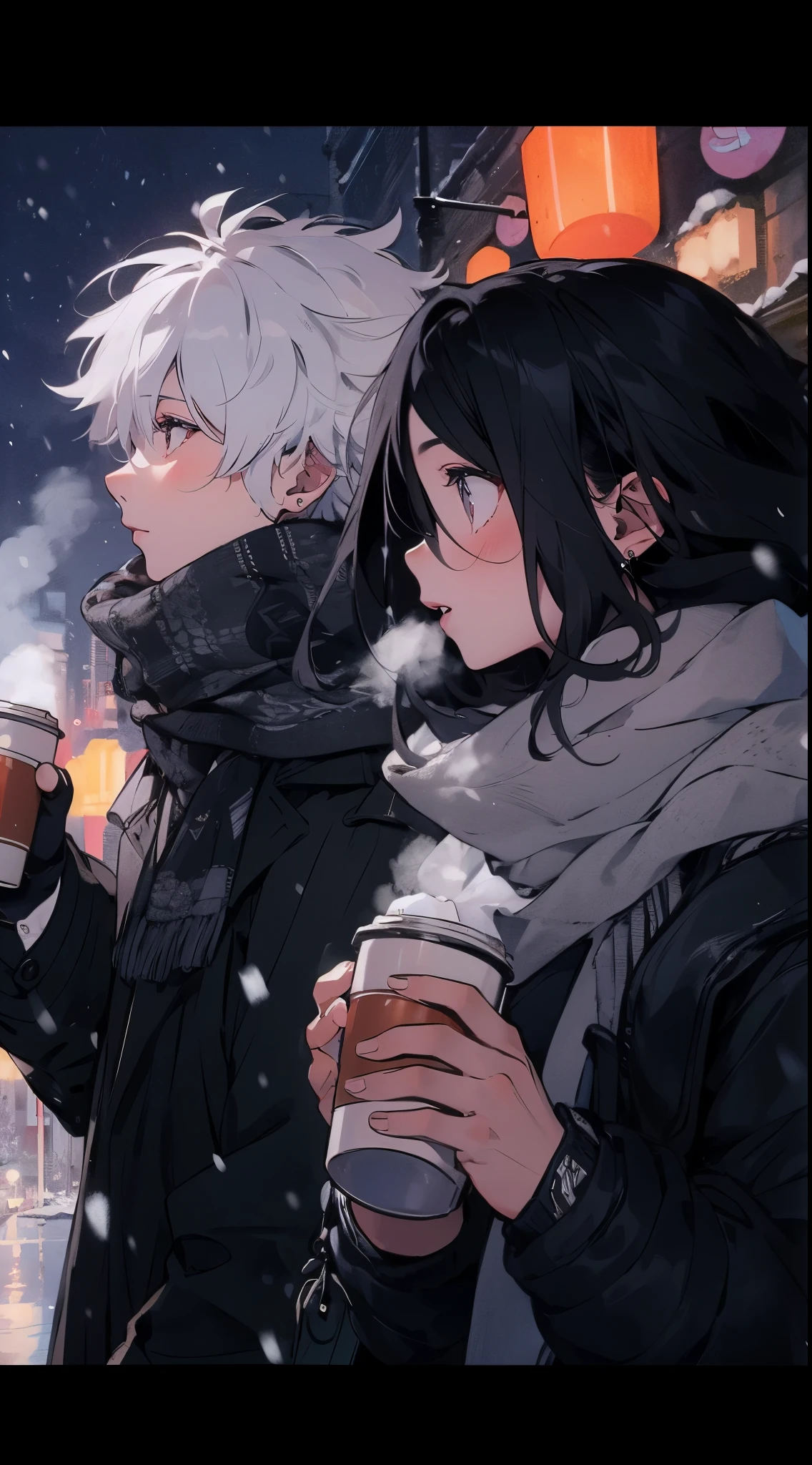 high quality, amount of drawing, pixiv illustration, A scene depicting two handsome young men walking through a snowy winter night, admiring the city’s illuminations. One is wearing a stylish black coat, while the other is elegantly wrapped in a gray scarf. Both are wearing gloves, each holding a cup of warm drink, enjoying the brightly lit cityscape. Their expressions are joyful, occasionally pointing at snowflakes and engaging in conversation. In the background, the city street is festively decorated, with trees covered in snow. This scene captures the charm of winter and moments of close friendship