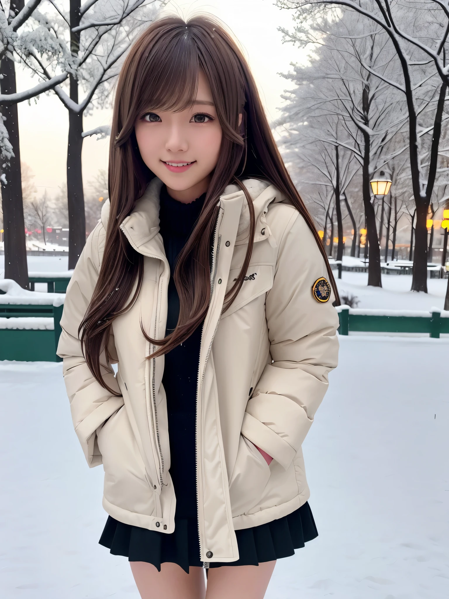 product quality, 1 girl, cowboy shot, front view, a Japanese young pretty girl, long bob hair, snow falling, playing with snow in a big park with a big smile in the city, white down parka over a black sweater, black miniskirt, knit gloves, hyper cute face, glossy lips, double eyelids for both eyes, natural makeup, shiny smooth light brown hair of long bob hair, asymmetrical bangs, high resolution, high detail, detailed hairstyle, detailed face, cinematic lighting, octane rendering, hyper realistic, perfect limbs, perfect anatomy