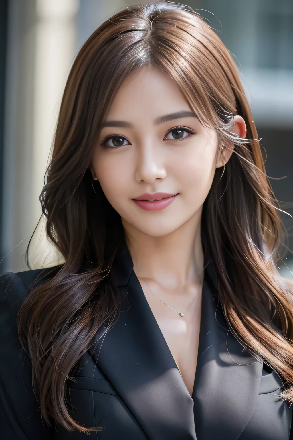 masutepiece, Best Quality, Photorealistic, Ultra-detailed, finely detail, High resolution, 8K Wallpaper, 1 beautiful woman,, light brown messy hair, in a business suit, foco nítido, Perfect dynamic composition, Beautiful detailed eyes, detailed hairs, Detailed realistic skin texture, Smiling, Close-up portrait, Model body type