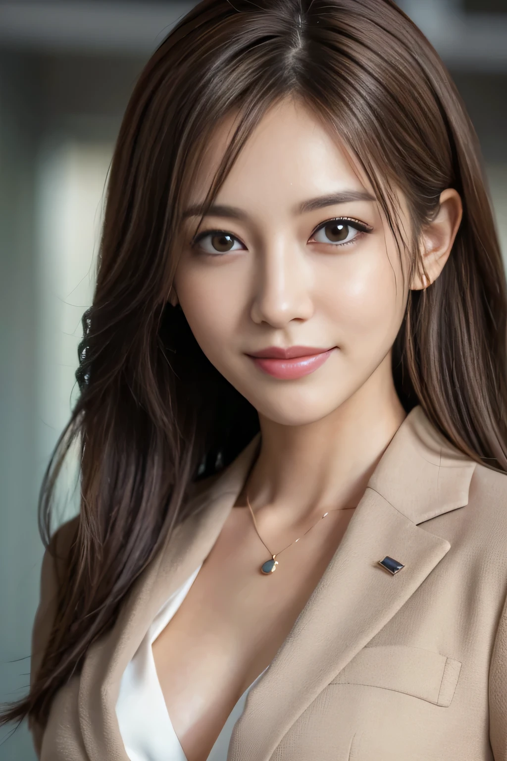 masutepiece, Best Quality, Photorealistic, Ultra-detailed, finely detail, High resolution, 8K Wallpaper, 1 beautiful woman,, light brown messy hair, in a business suit, foco nítido, Perfect dynamic composition, Beautiful detailed eyes, detailed hairs, Detailed realistic skin texture, Smiling, Close-up portrait, Model body type