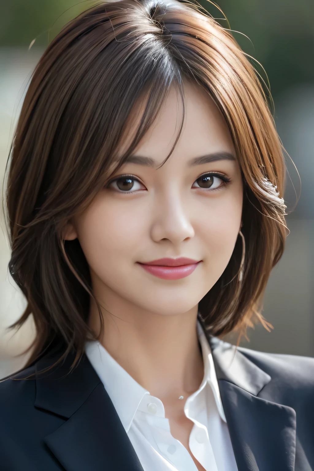masutepiece, Best Quality, Photorealistic, Ultra-detailed, finely detail, High resolution, 8K Wallpaper, 1 beautiful woman,, light brown messy hair, in a business suit, foco nítido, Perfect dynamic composition, Beautiful detailed eyes, detailed hairs, Detailed realistic skin texture, Smiling, Close-up portrait, Model body type