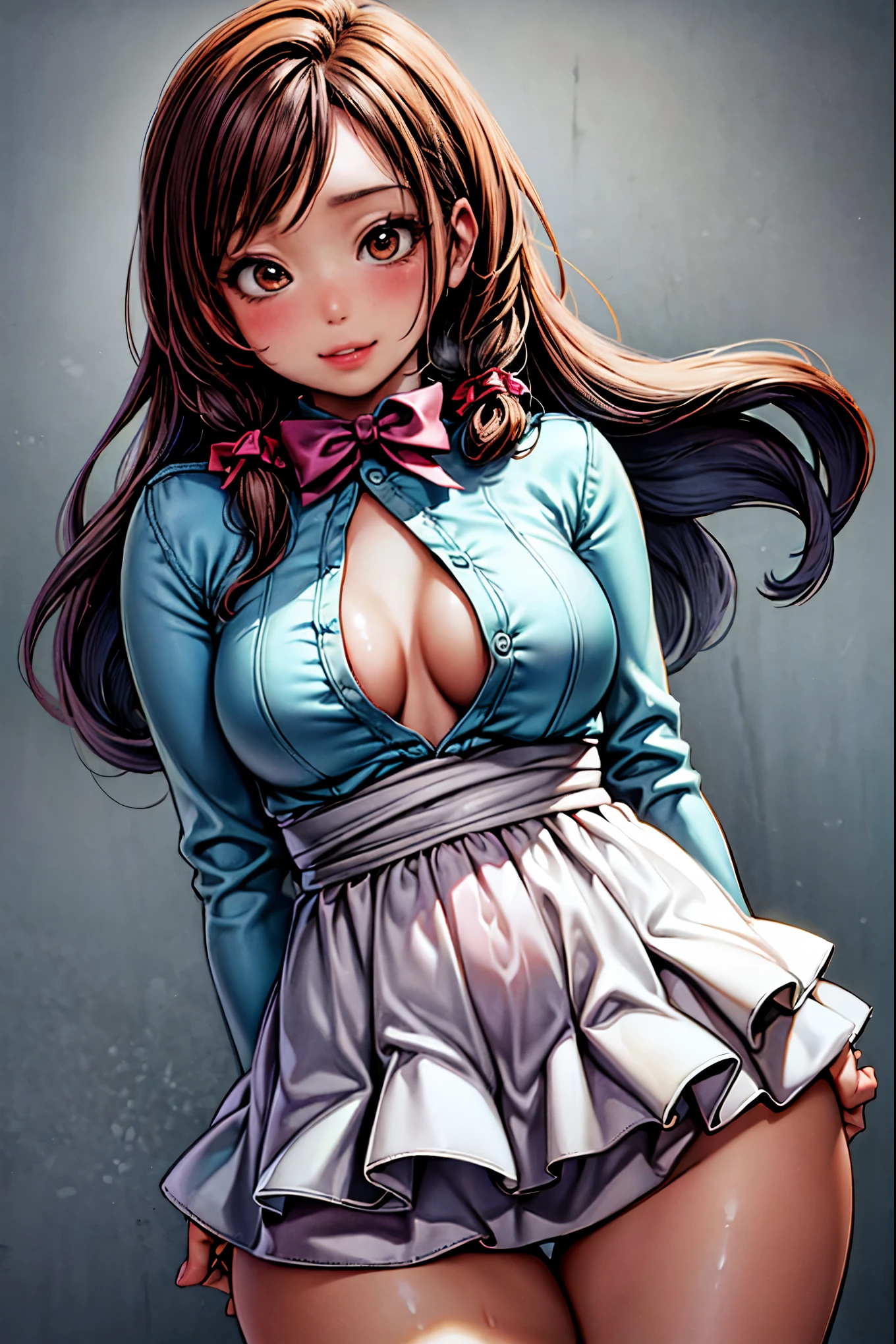 masterpiece, illustration, ginger hair, long hair, pink bow on hair, plump puckered lips, cute smile, brown eyes, big boobs, thick thighs, tiny shirt, cleavage, staring at viewer, short skirt