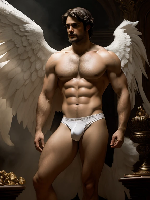 full body, (((renaissance style))) fresco, Highest accuracy,Muscular man with large white wings,Stand on the side,Shirtless,There are white streamers on the body,Lower body erection,Lower body details,Thick pubic hair,Handsome face,Short white hair,There is a faint aura on the top of the head,The background is a mythical city, Landscape,Angel ((white briefs, big bulge))), chiaroscuro mood, incredible detail, highly detailed, ultra-deta, style of Titian and Daniel Gerhartz