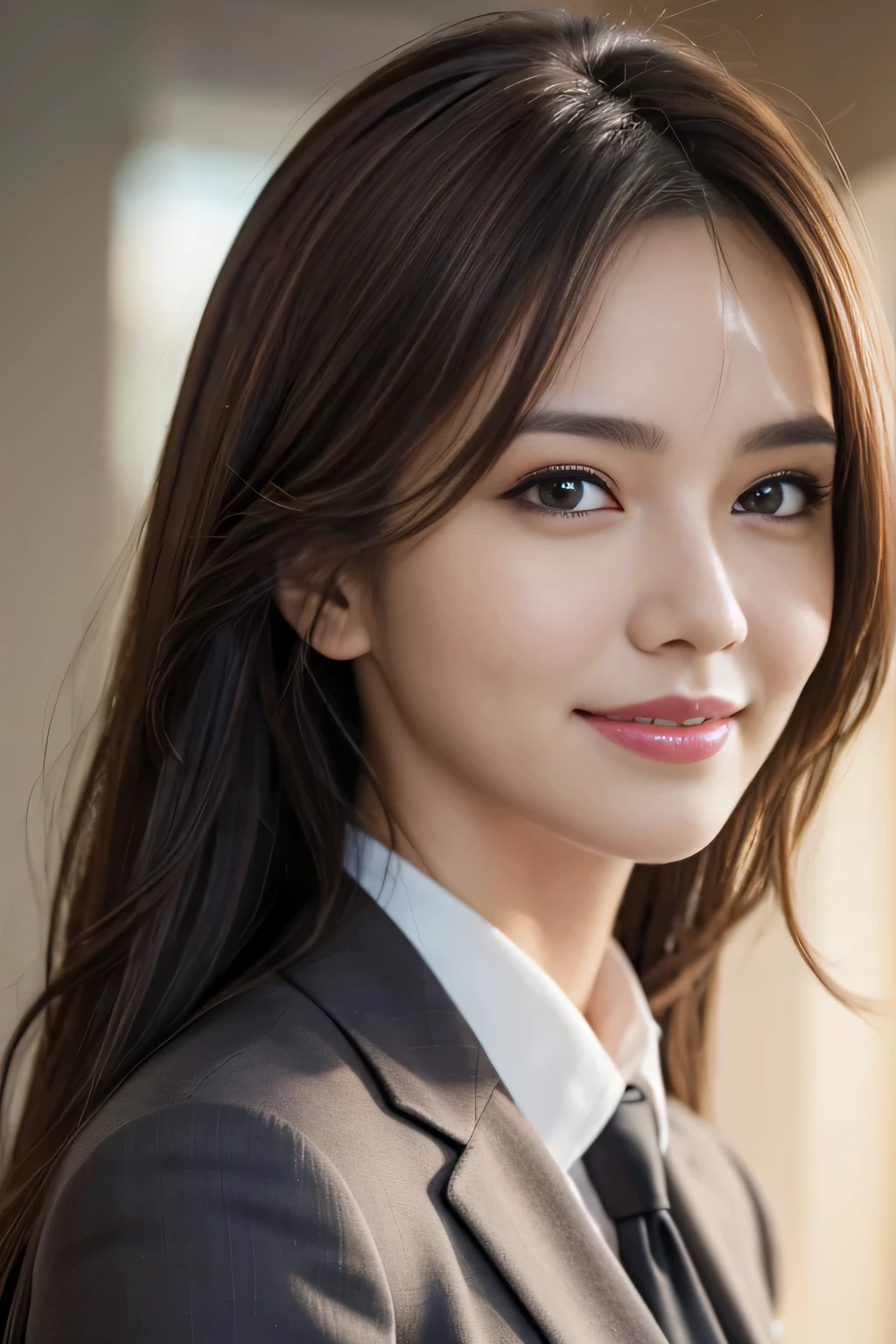 A close up of a woman in a suit and tie posing for a picture - SeaArt AI