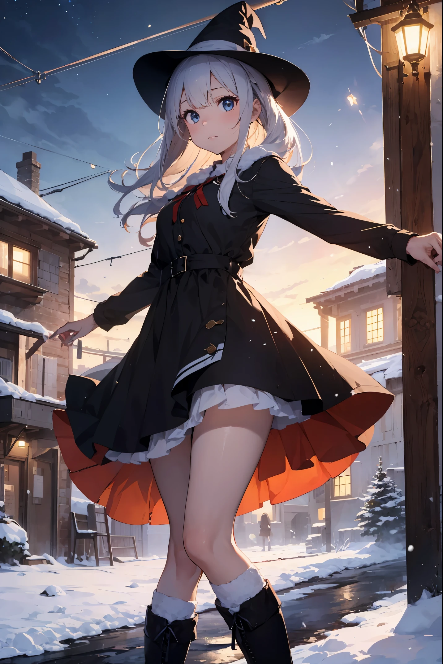 absurdres, absolutely resolution, incredibly absurdres, highres, ultra detailed, official art, unity 8k wallpaper
BREAK
1 girl, soro, neat, classy, beautiful girl, decent,
BREAK
"On a white Christmas night, a female witch with short silvery-white bobbed hair stands in front of Our Lady of the Cathedral as snow falls silently. Her large blue eyes sparkle mysteriously, and a light smile is on her face. Her witch dress is black with red accents, and she wears red boots and a black hat adorned with a red ribbon. Behind the cathedral, illuminated lights sparkle, harmonizing with the pure white snow to create a warm scene.
BREAK
The woman's palm gently captures a cluster of fluorescent particles dancing around her, from which delicate bubbles are formed and float in the air. The bubbles emit a fantastic light and sparkle as if they are magic bubbles. The spires of the cathedral are illuminated by the moonlight, their majestic silhouettes glowing in the night sky.
BREAK
This illustration represents a miraculous moment of a white Christmas, where mystery and warmth intersect."
BREAK
This prompt is intended to produce an illustration that is magical, warm, and evocative of a white Christmas.