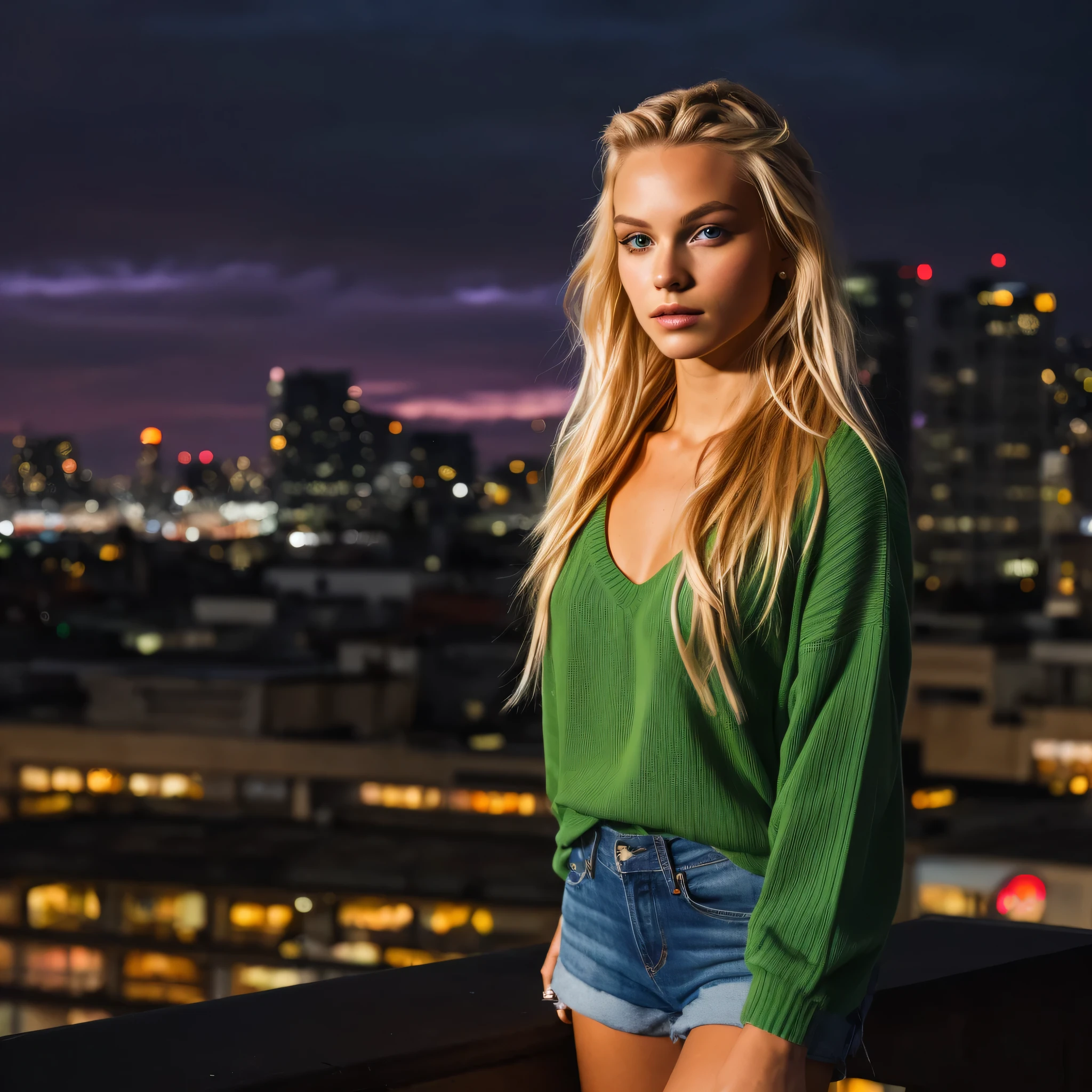 BLONDE CHILD girl, 20 years old, wearing a green sweater shirt, pantalones cortos Blue Jeans, Zapatos Vans, tetas grandes, cuerpo completo, Cuerpo fitness, A dramatic, moody sunset in the city., con la silueta del horizonte contra un cielo de color naranja y violeta intenso y las luces de los edificios comenzando a parpadear , Cabello trenzado, gaze at the camera, realismo, Hiperrealista, 4k, alta calidad