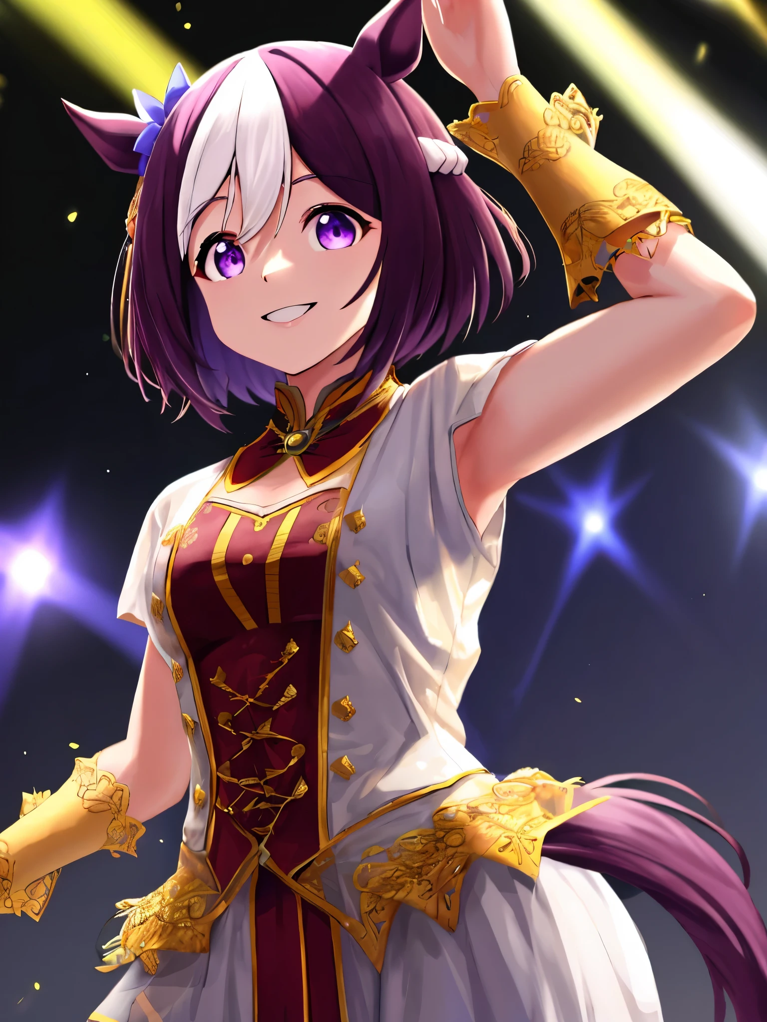 Armpit show,special week,Umamusume,Ultra-detailed face,top-quality,Smile,Live Stage,Stage costumes,Horse tail,sing a song,