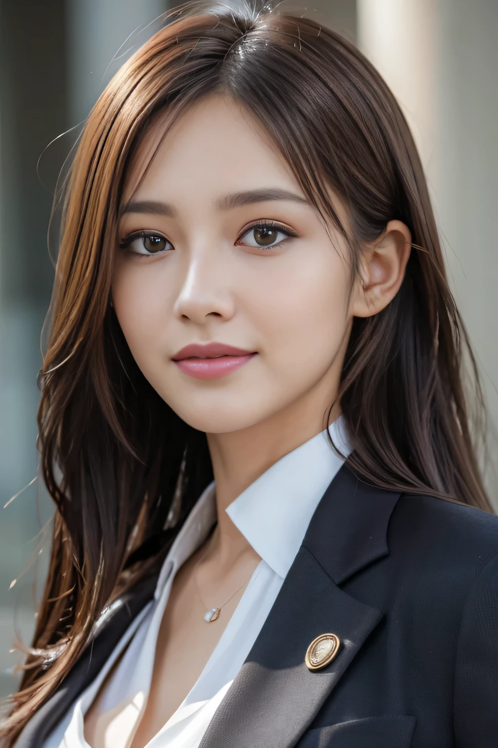 masutepiece, Best Quality, Photorealistic, Ultra-detailed, finely detail, High resolution, 8K Wallpaper, 1 beautiful woman,, light brown messy hair, in a business suit, foco nítido, Perfect dynamic composition, Beautiful detailed eyes, detailed hairs, Detailed realistic skin texture, Smiling, Close-up portrait, Model body type